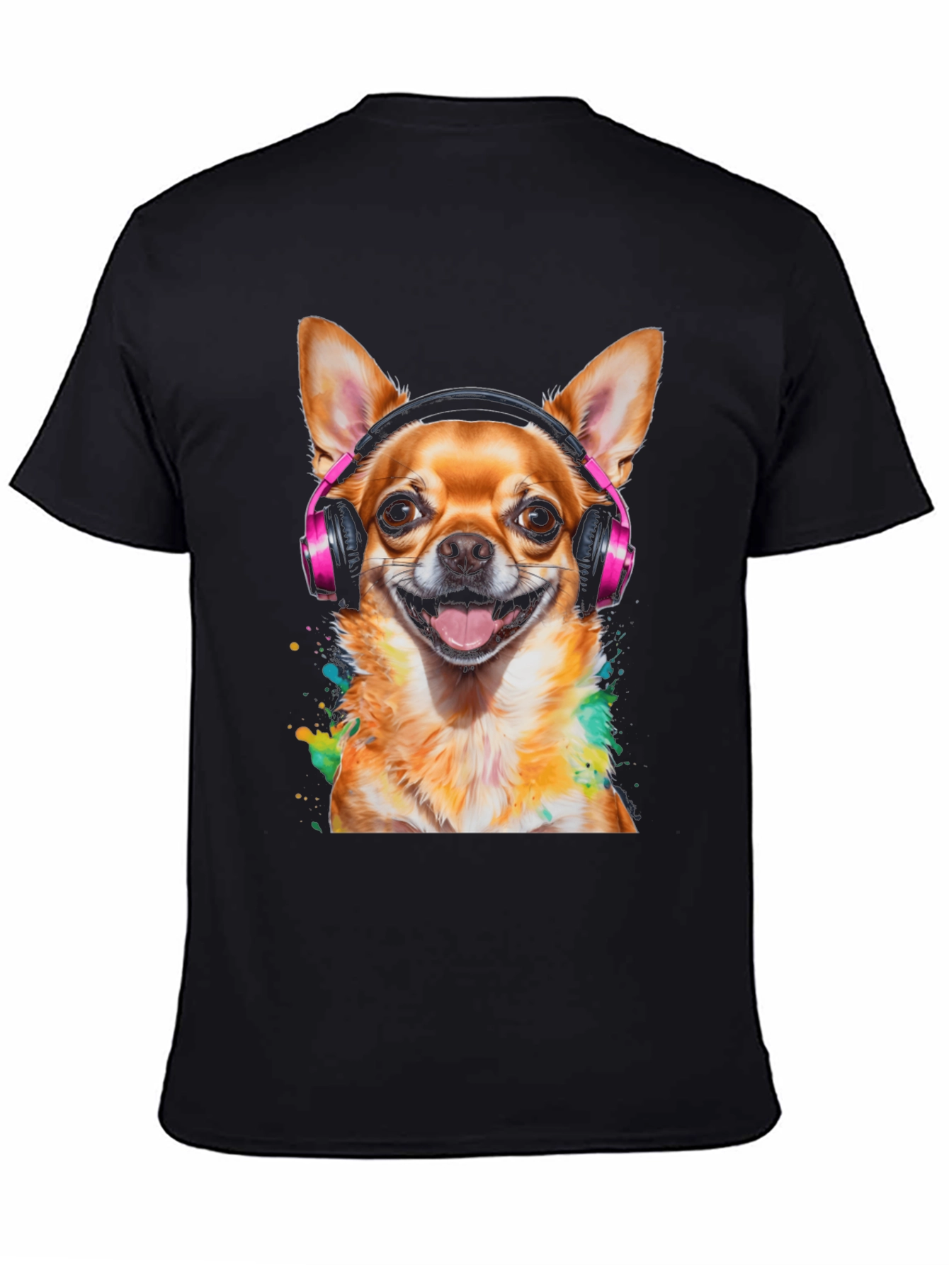 Black Dog with Headphones T-Shirt - Men's Black Tee view 4