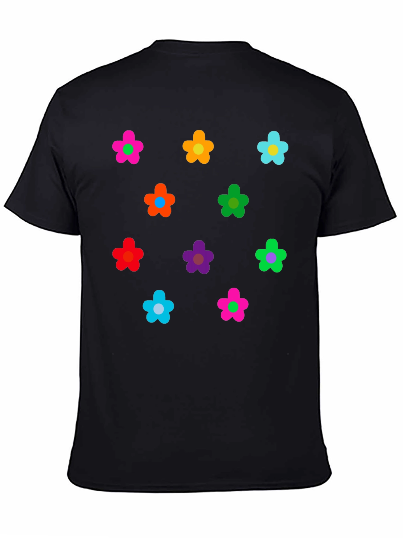 Black Colorful Flower Pattern Black T-Shirt view 4