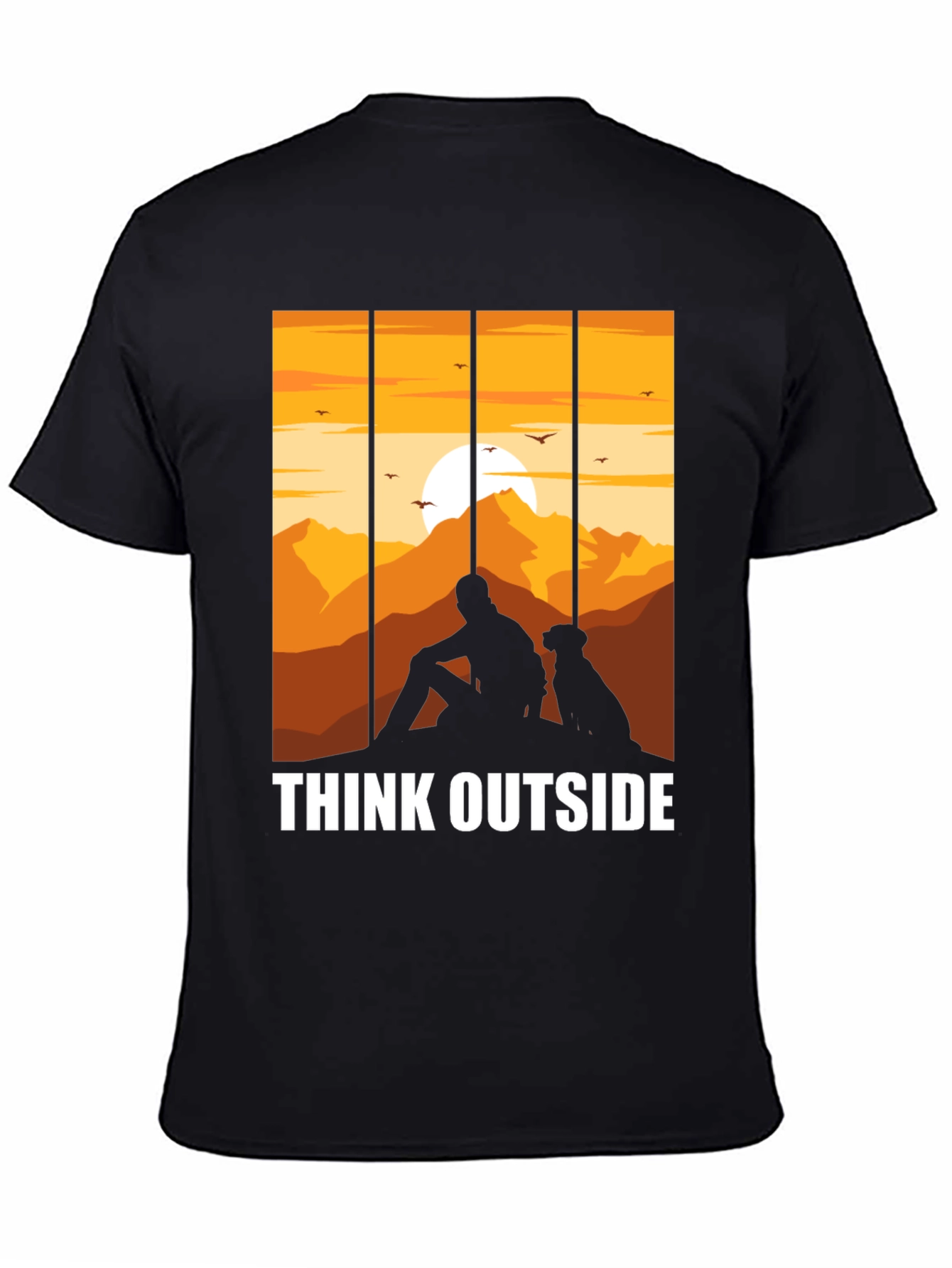 Black Think Outside Black T-Shirt, Man and Dog Sunset Graphic Tee view 4