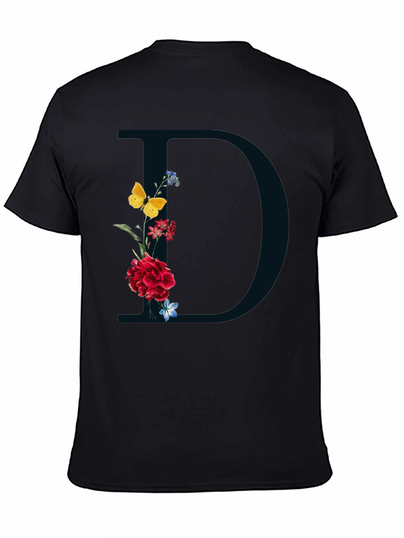 Black Floral Initial 'D' Graphic Tee - Elegant Design view 4