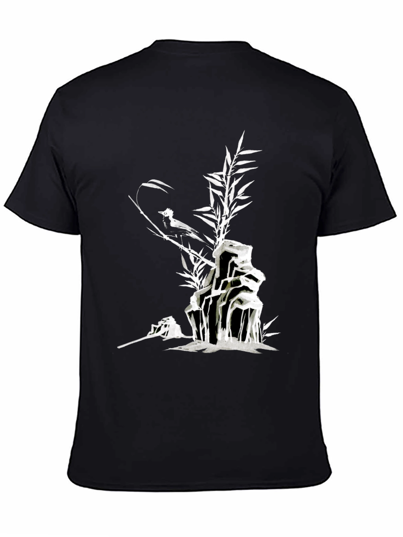 Black Men's Black T-Shirt with Bird and Bamboo Graphic view 4
