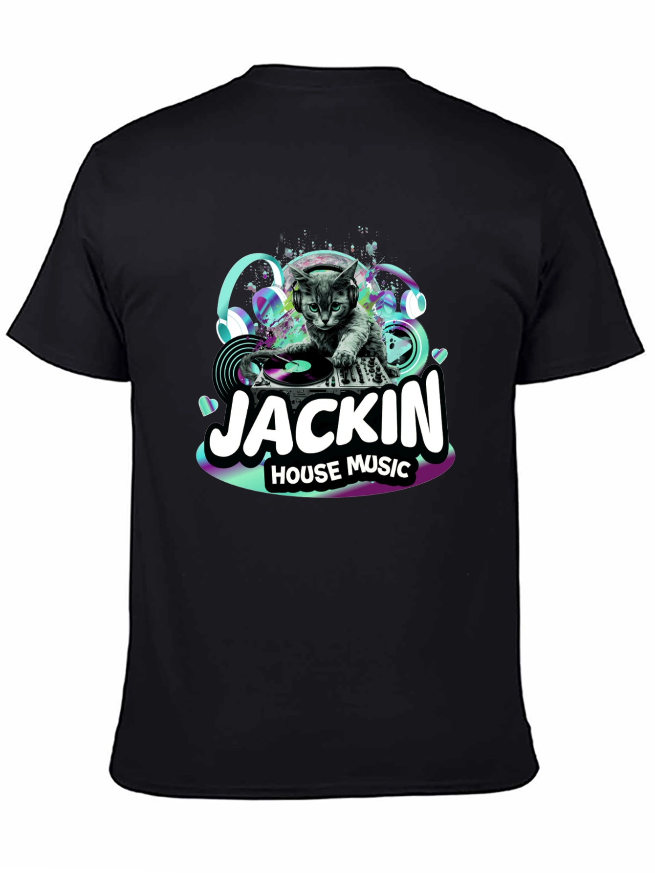 Black DJ Cat T-Shirt - "Jackin' House Music" view 4