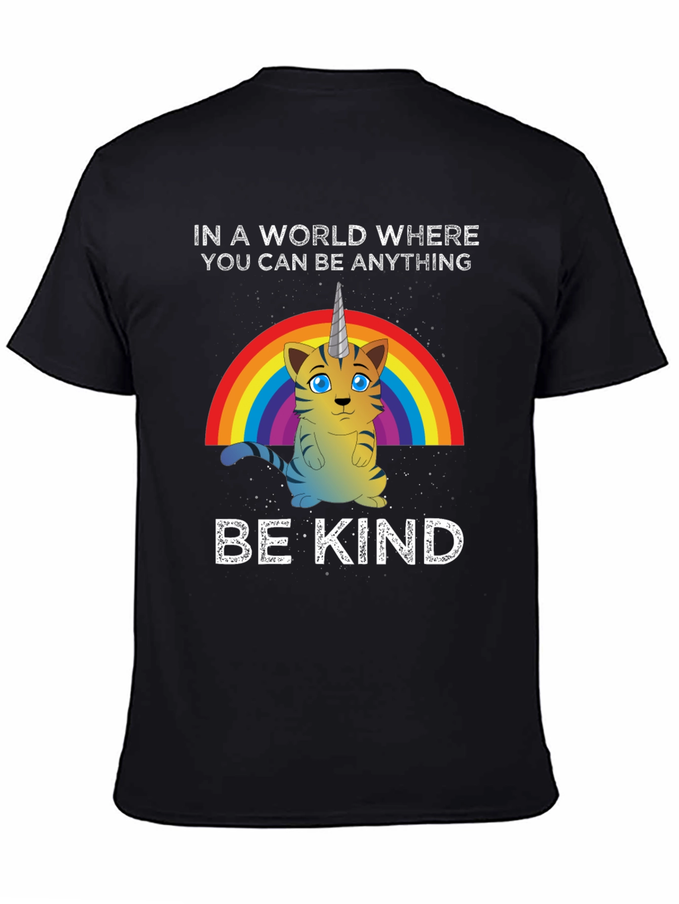 Black Unicorn Cat Rainbow T-Shirt - Be Kind view 4