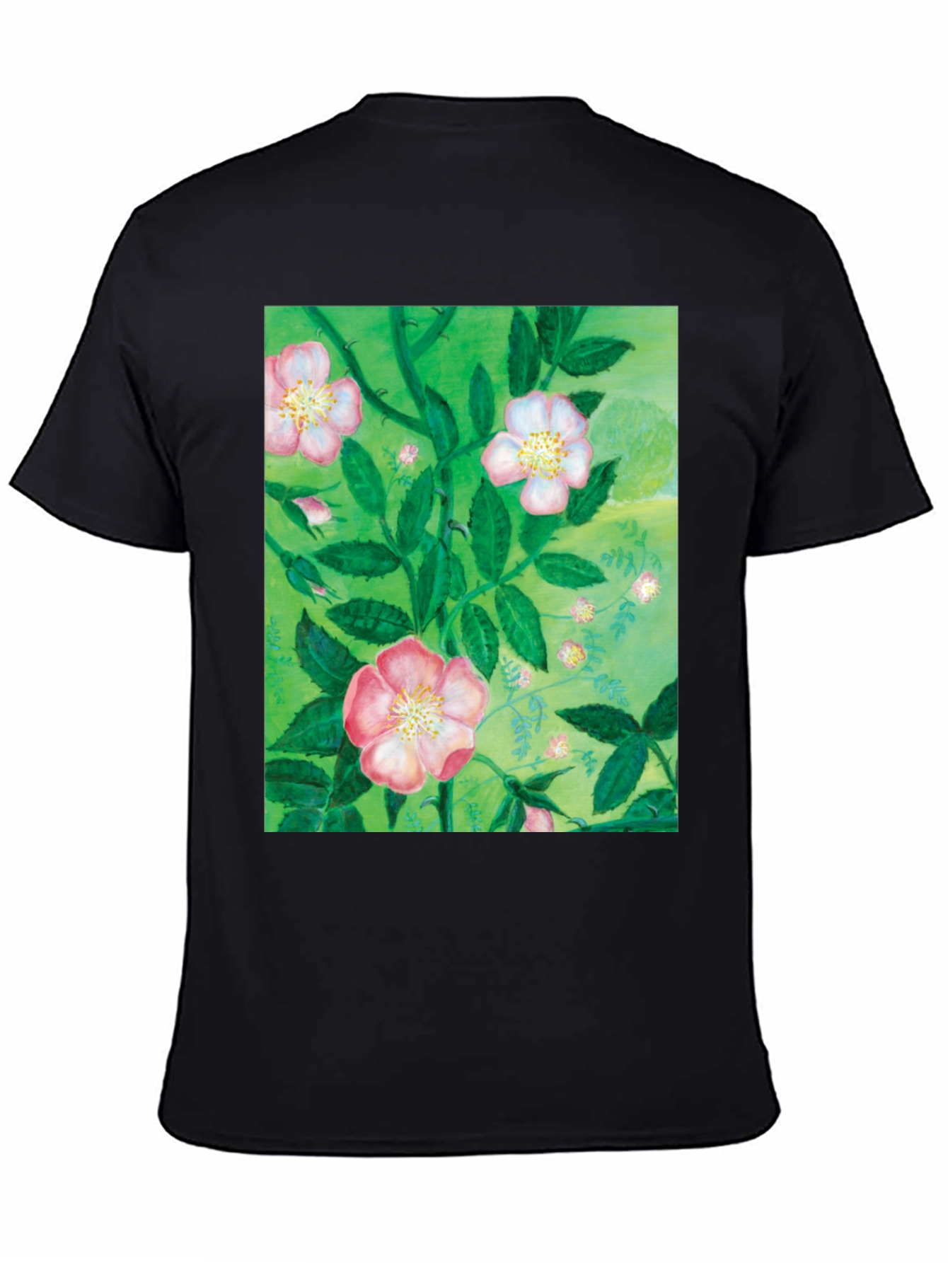 Black Floral Print T-Shirt - Artistic Botanical Design view 4