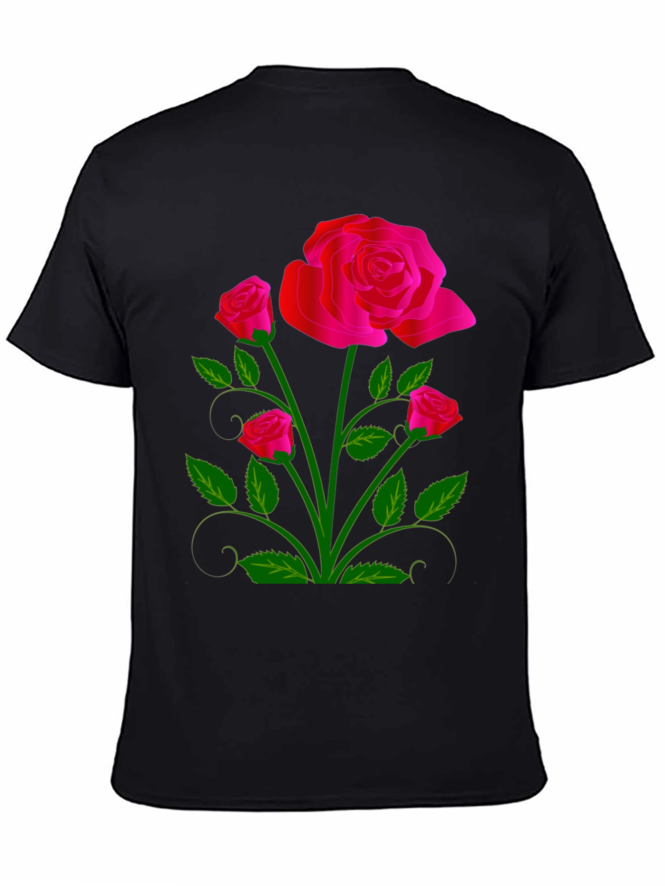 Black Black T-Shirt with Vivid Floral Rose Design view 4