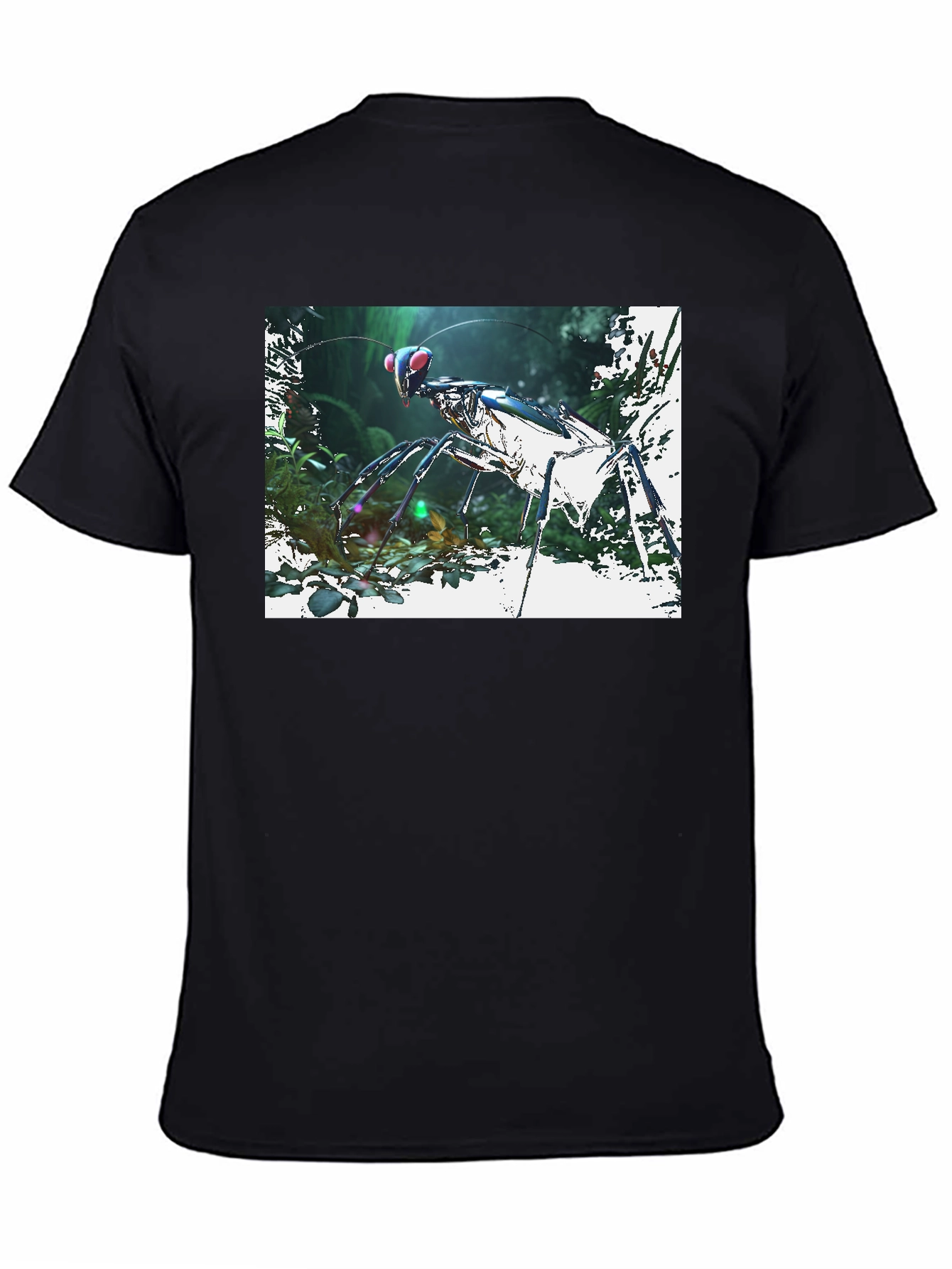 Black Futuristic Praying Mantis Graphic T-Shirt view 4