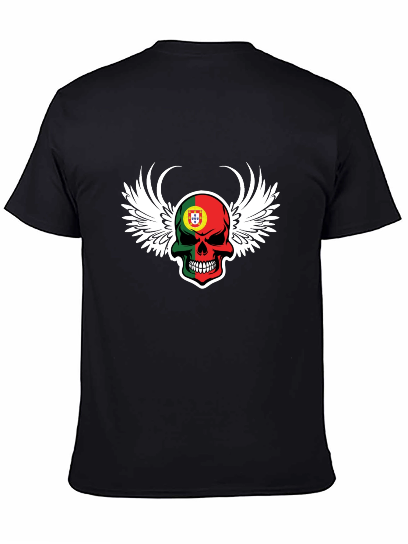 Black Portugal Flag Skull Wings T-Shirt - Men's Black Tee view 4