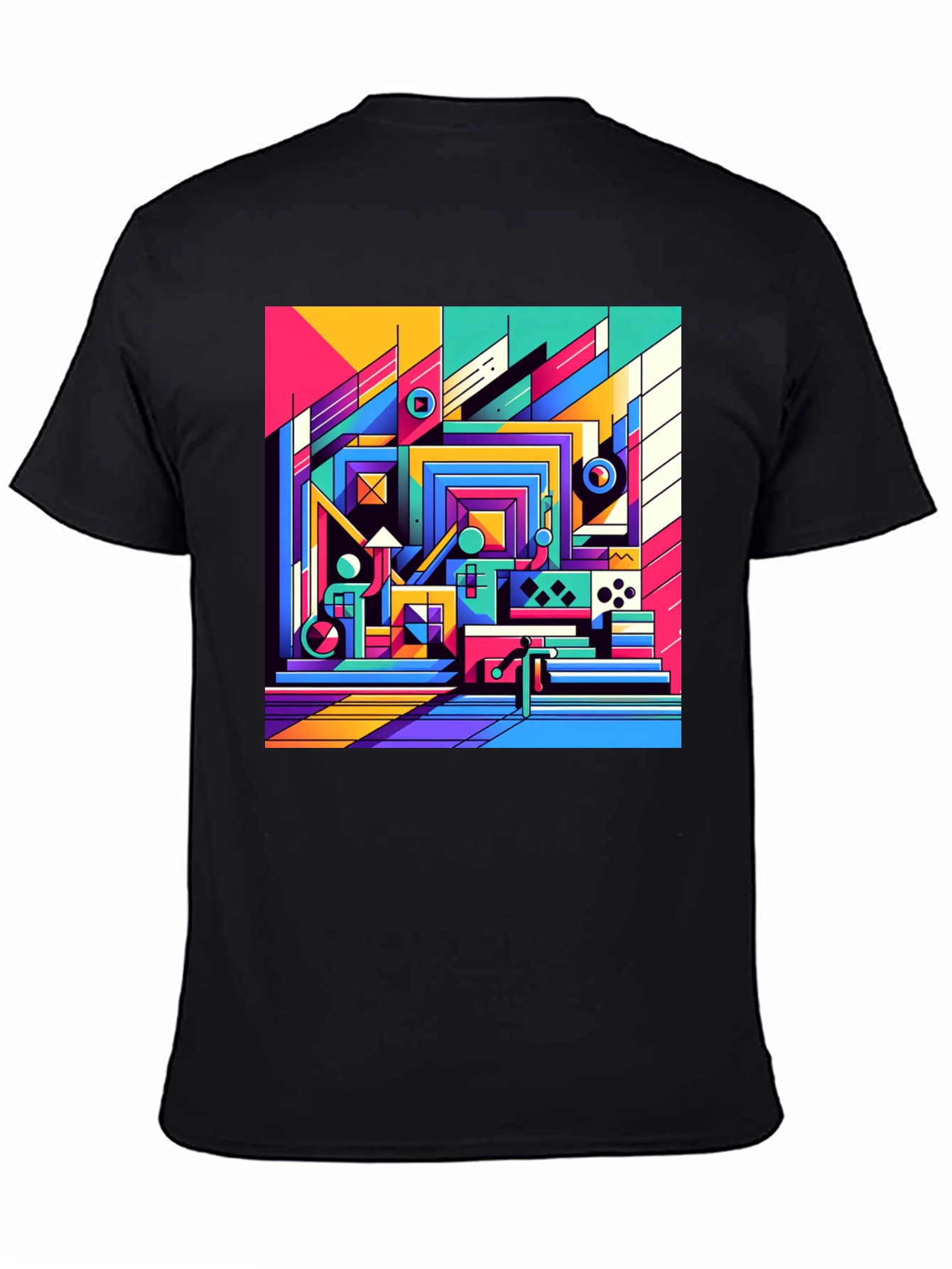 Black Retro Geometric Art T-Shirt - Bold Colorful Design view 4