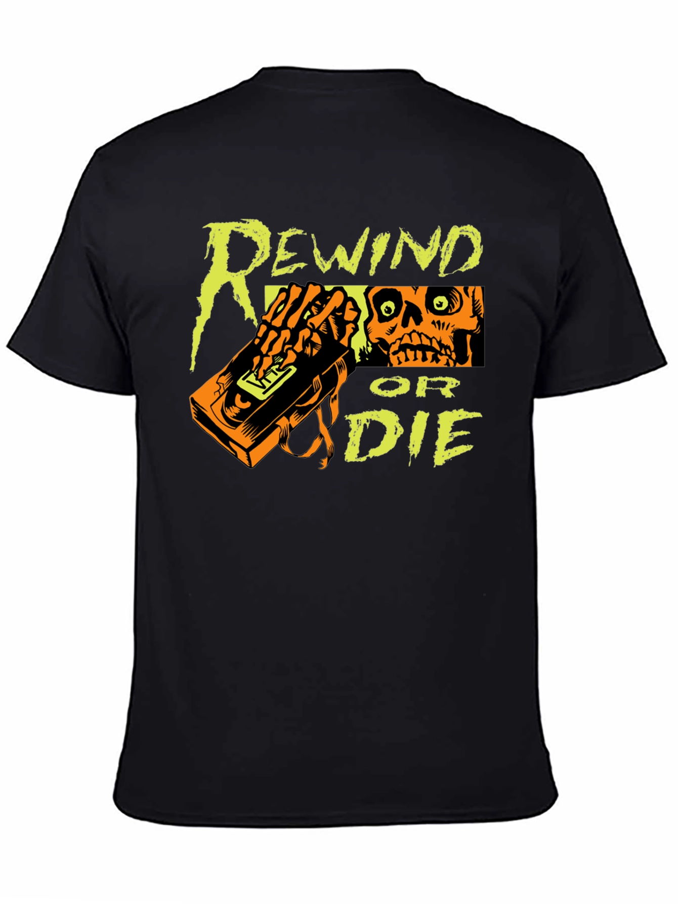 Black Rewind or Die Graphic Tee - VHS Tape Skull T-Shirt view 4