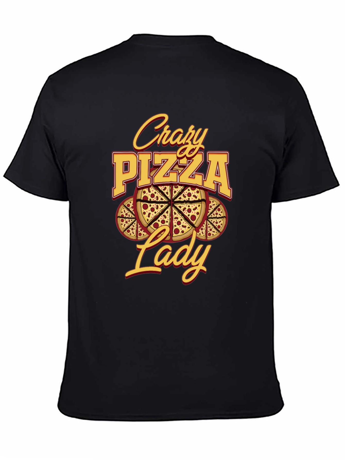 Black Crazy Pizza Lady Graphic Tee - Unisex Black T-Shirt view 4