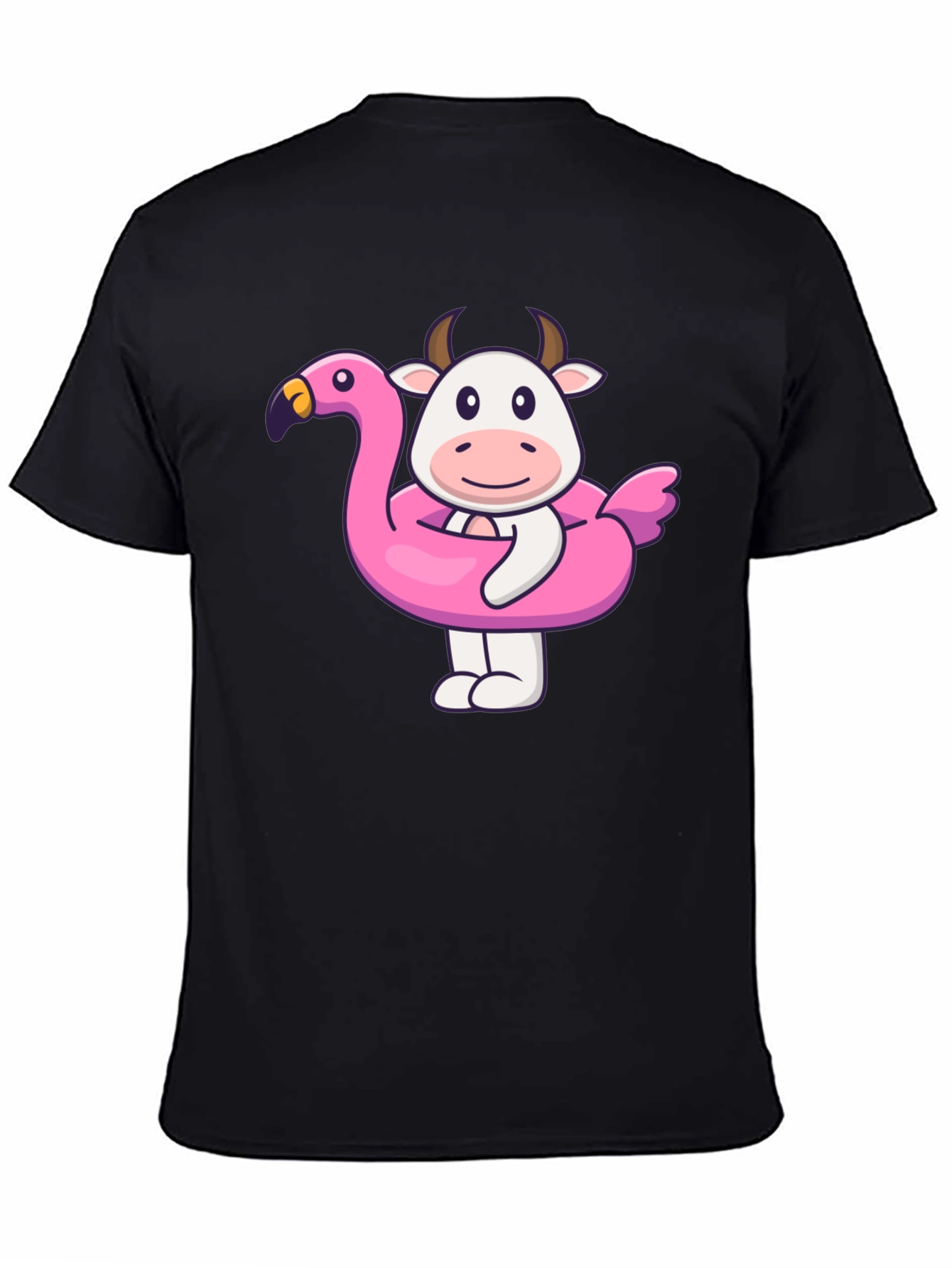 Black Funny Cow Flamingo Pool Float Black T-Shirt view 4