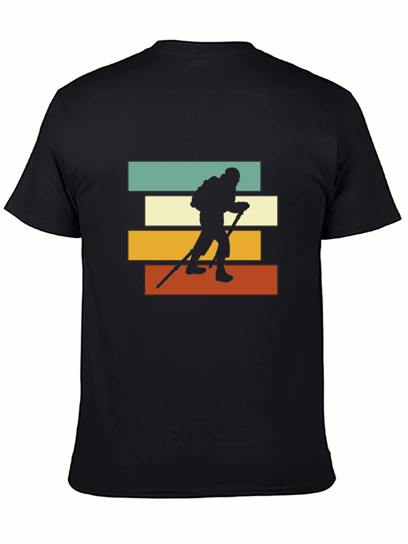 Black Hiking Silhouette Retro Striped T-Shirt view 4