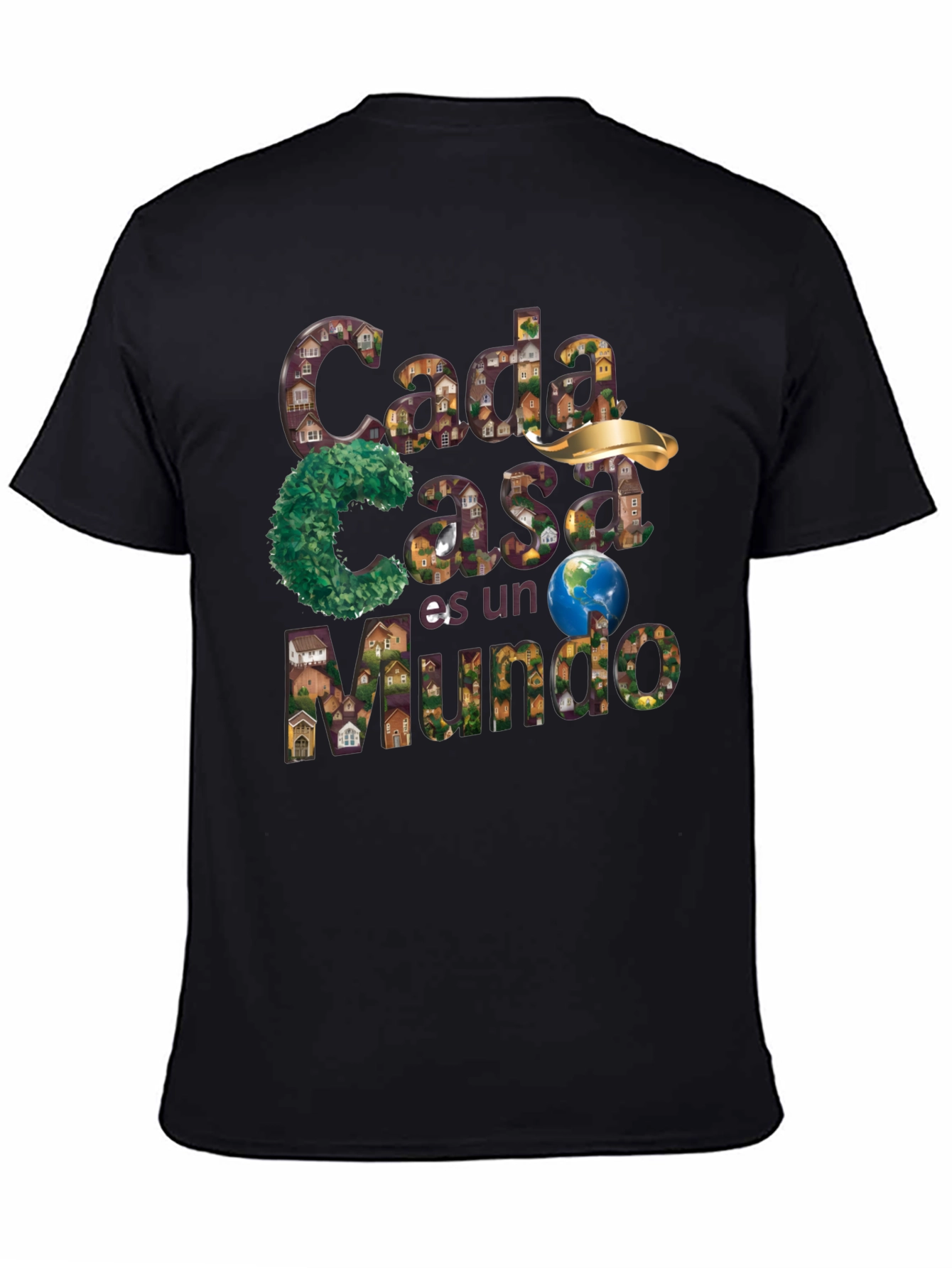 Black Unique Graphic T-Shirt - "Cada Casa es un Mundo" Design view 4