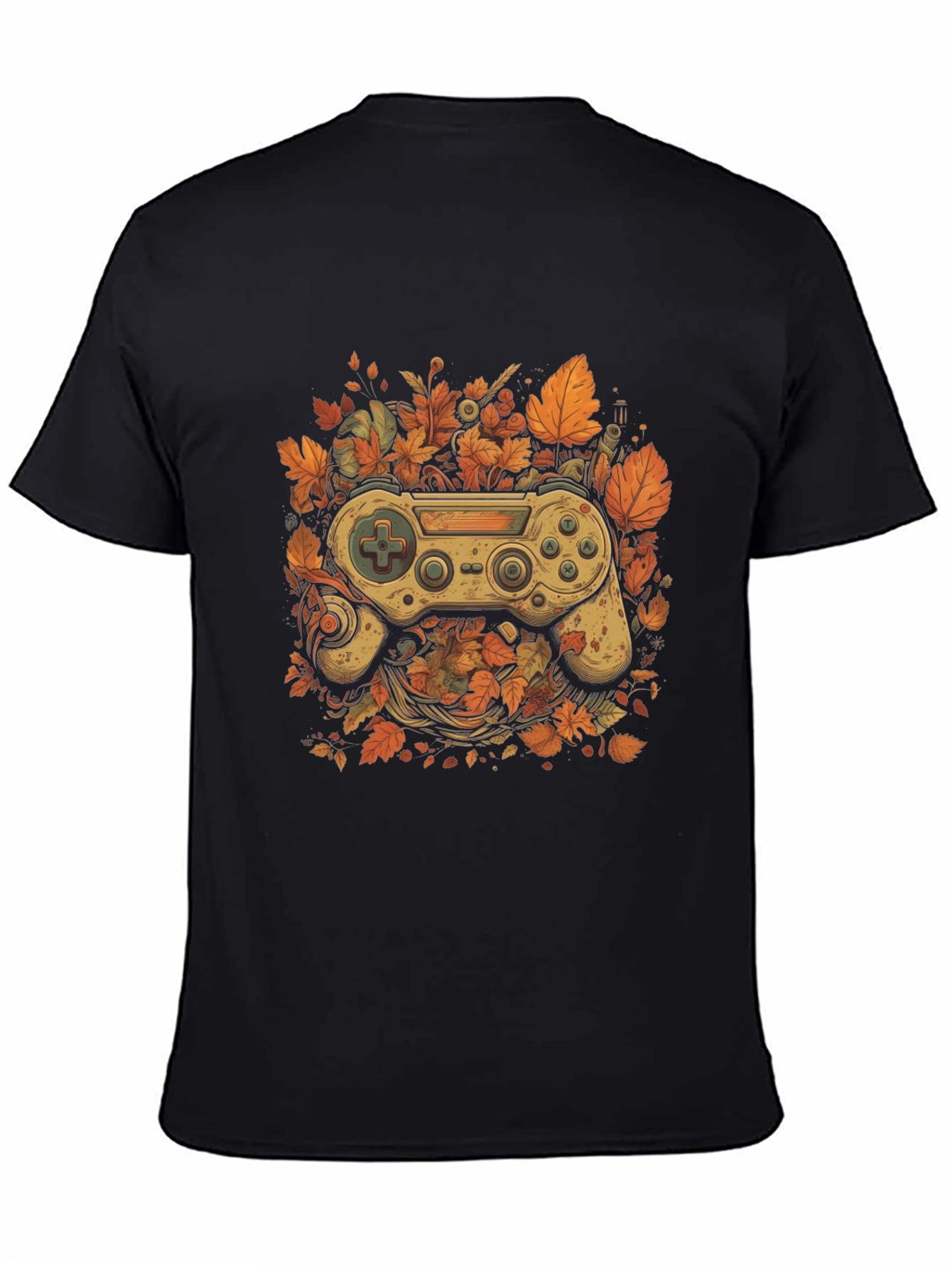 Black Gamer's Fall T-Shirt - Unique Controller Leaf Design view 4