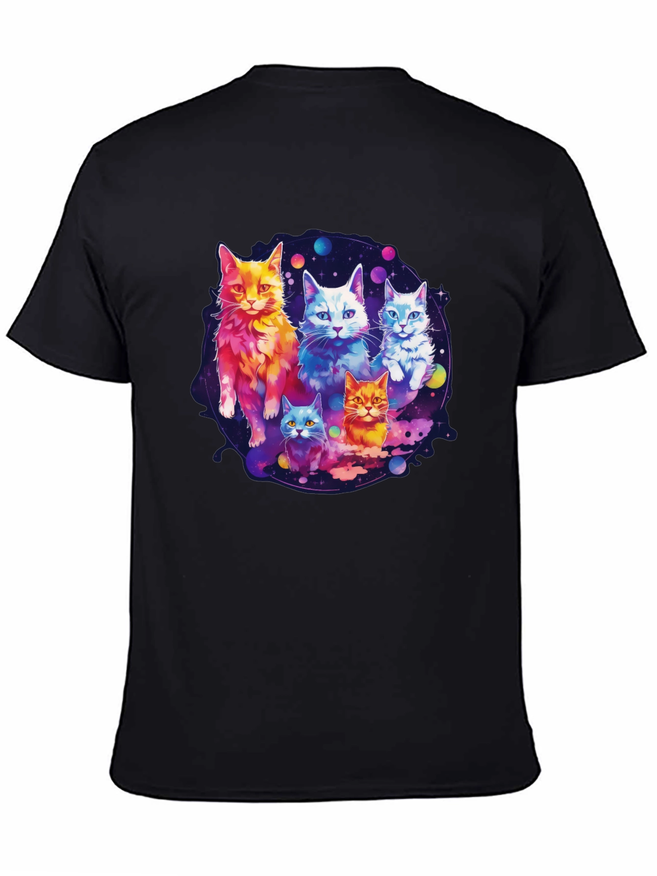 Black Cosmic Cat Crew T-Shirt - Galaxy Feline Design view 4