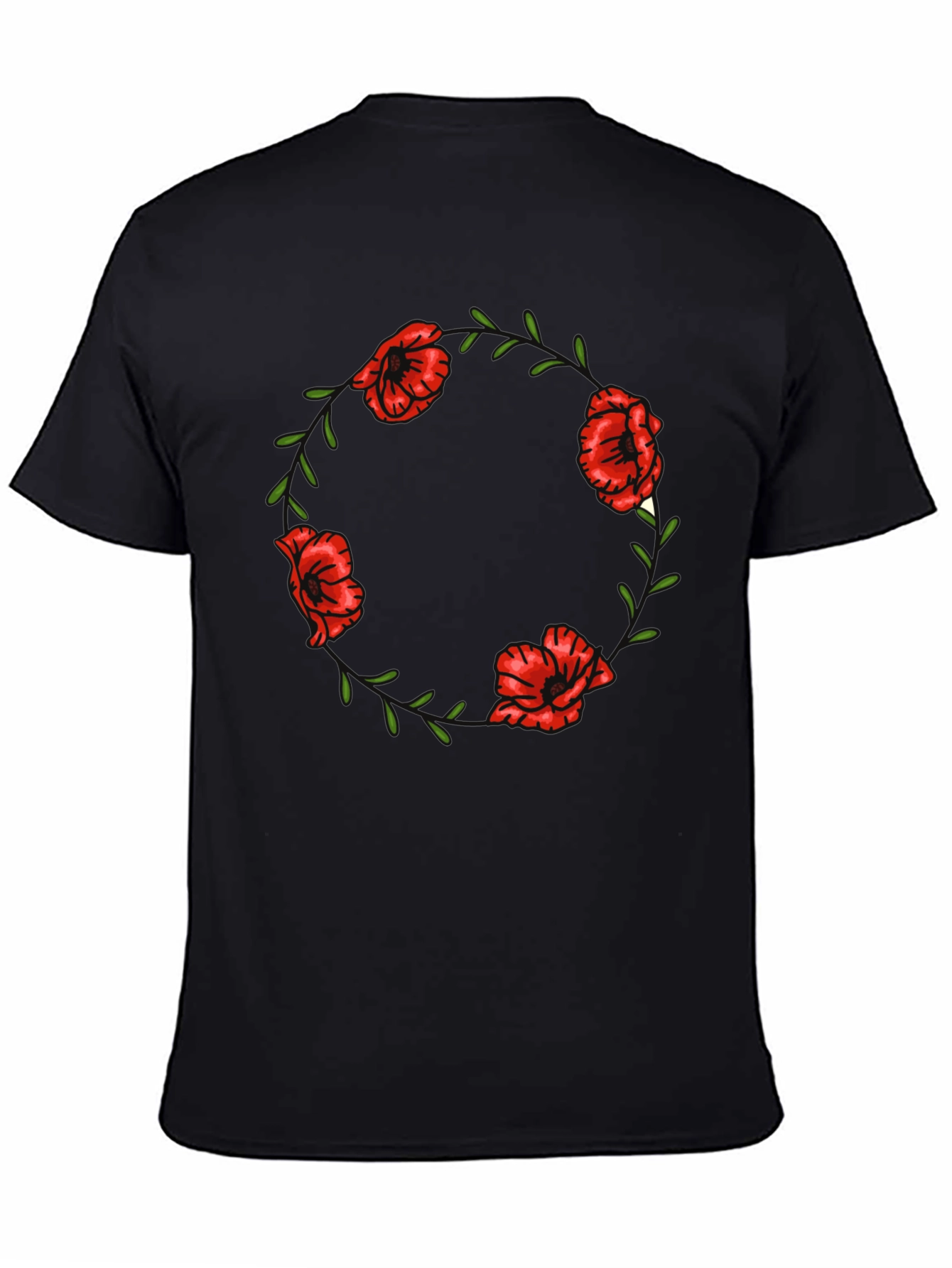 Black Floral Poppy Wreath Graphic Tee - Black Cotton T-Shirt view 4
