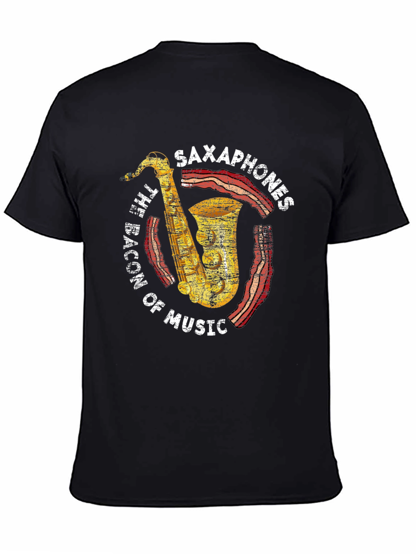 Black Saxophones Bacon of Music Graphic T-Shirt view 4