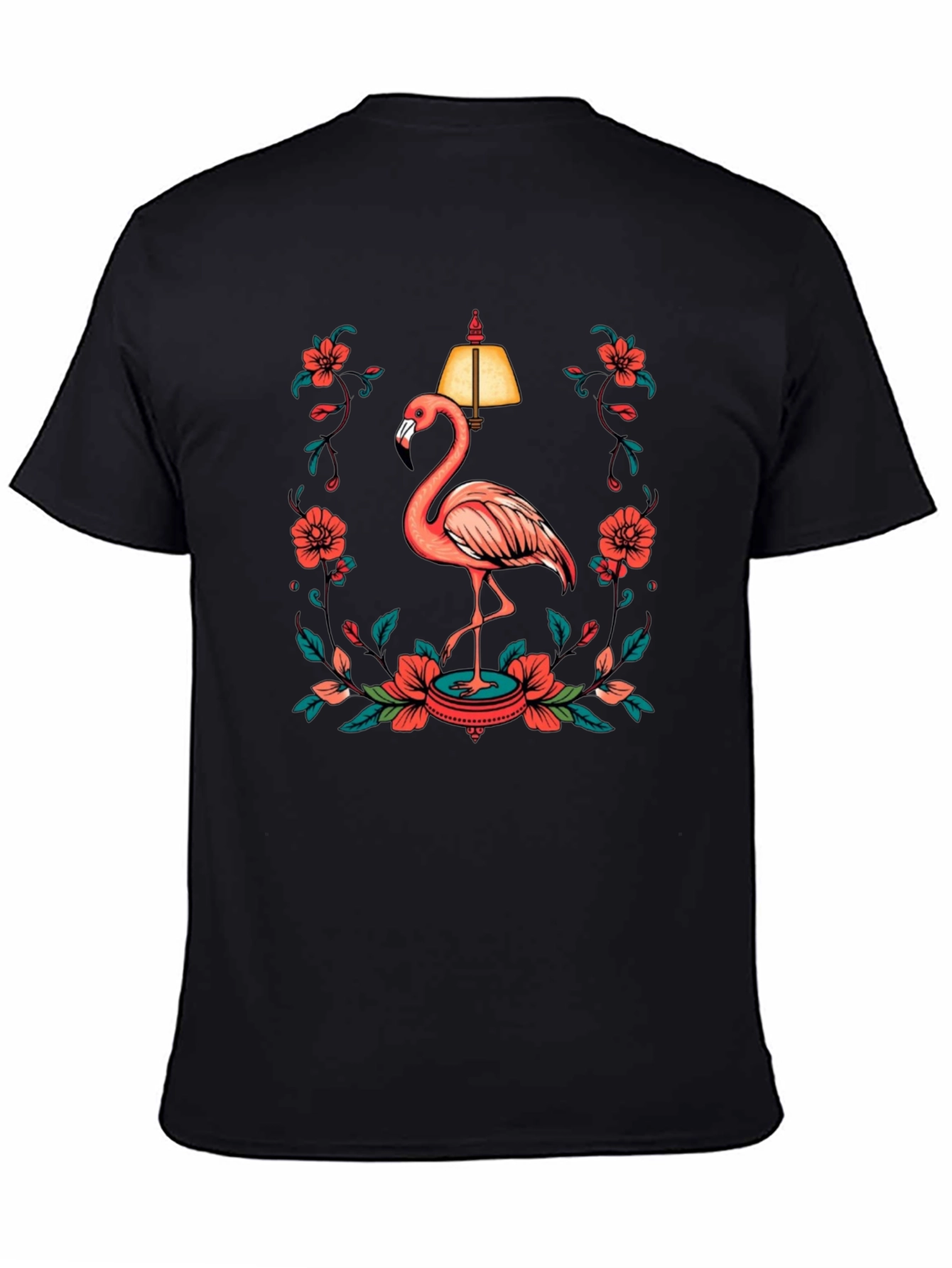 Black Black T-Shirt with Flamingo and Floral Lamp Graphic view 4