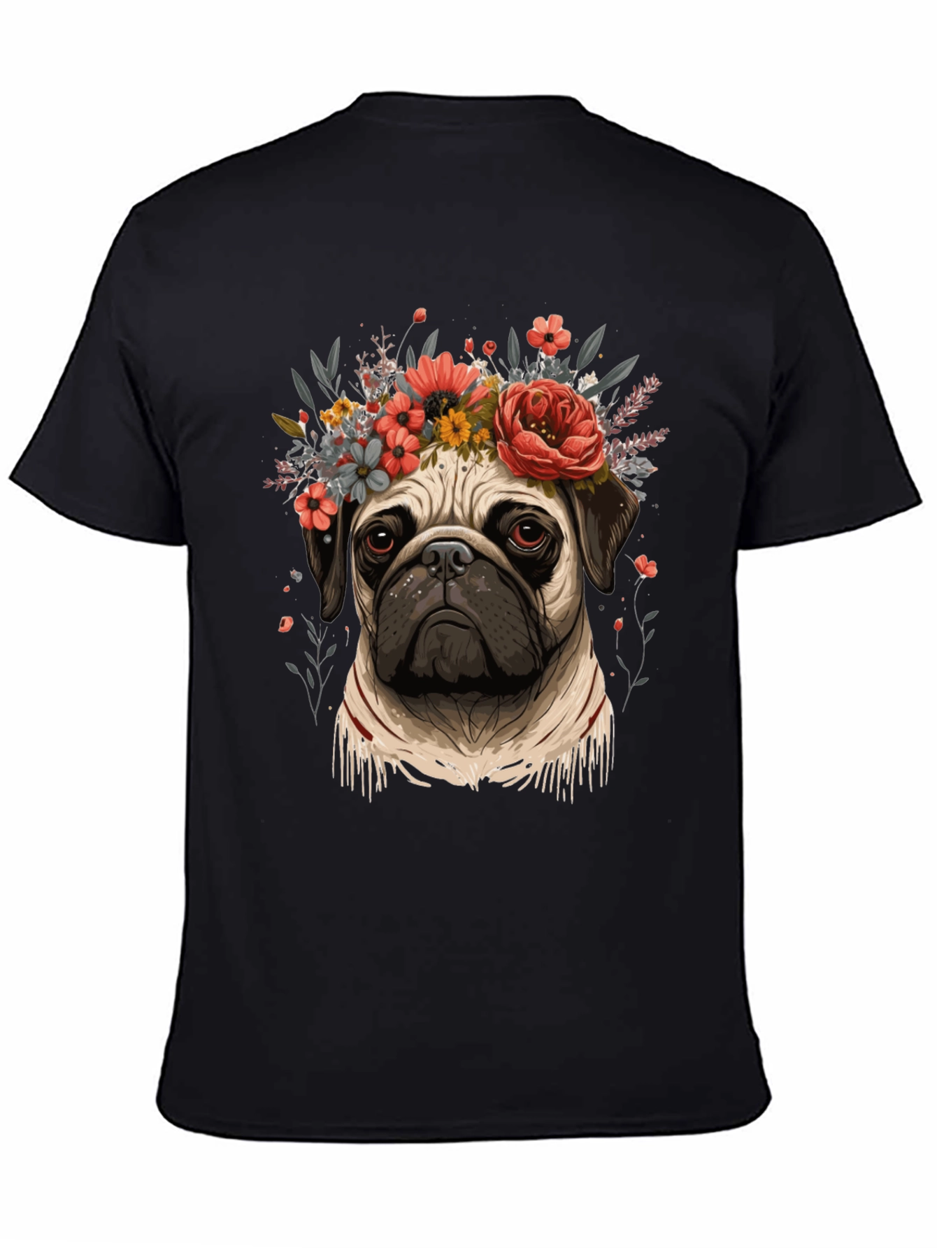 Black Floral Pug Graphic Tee - Black Cotton Blend view 4