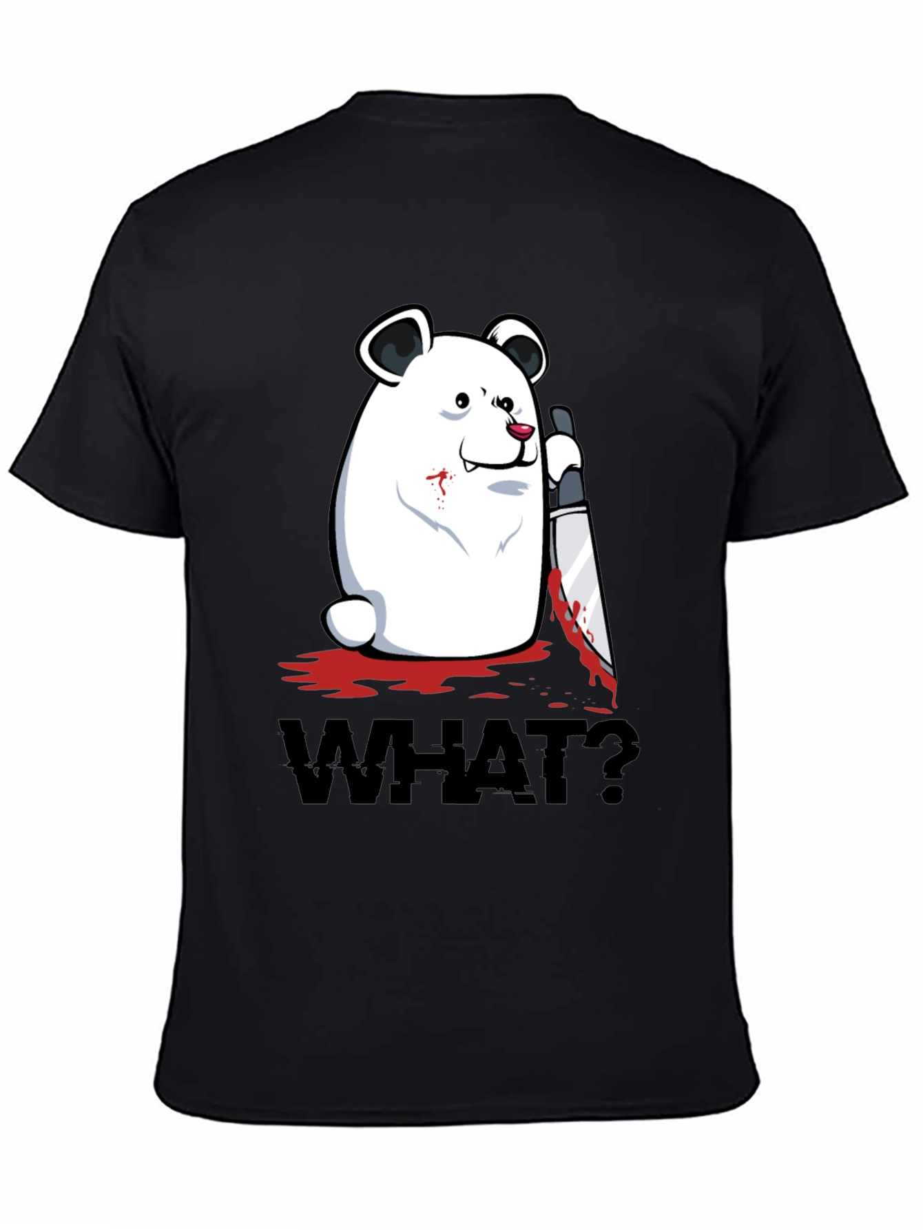 Black Creepy Polar Bear "WHAT?" Graphic T-Shirt view 4