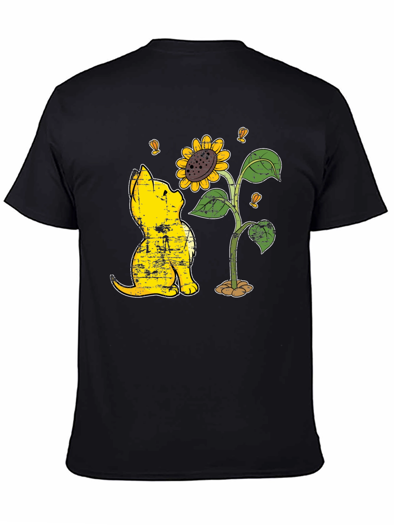 Black Cat & Sunflower Graphic T-Shirt - Casual Black Tee view 4