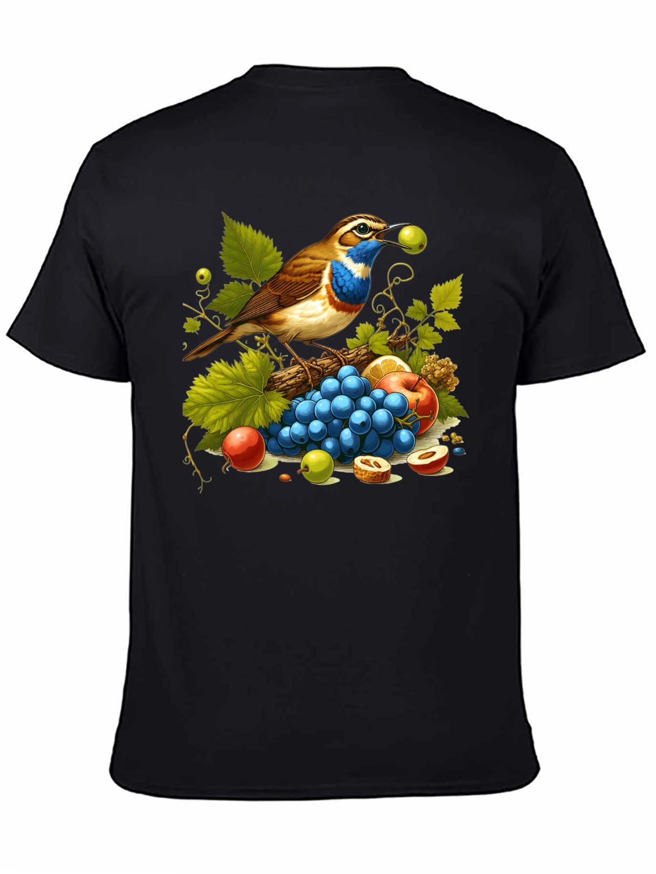 Black Bird and Fruit Graphic T-Shirt - Unisex Black Tee view 4