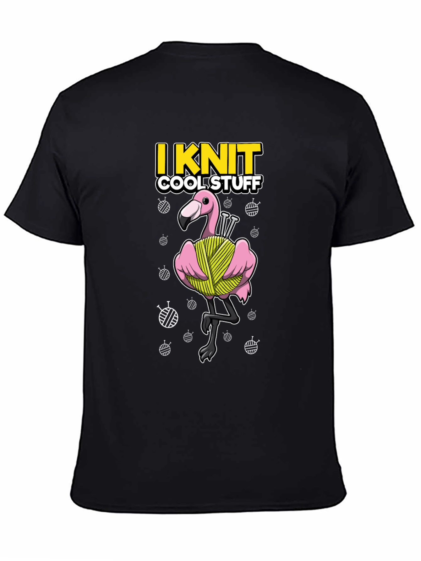 Black I Knit Cool Stuff T-Shirt - Flamingo Yarn view 4