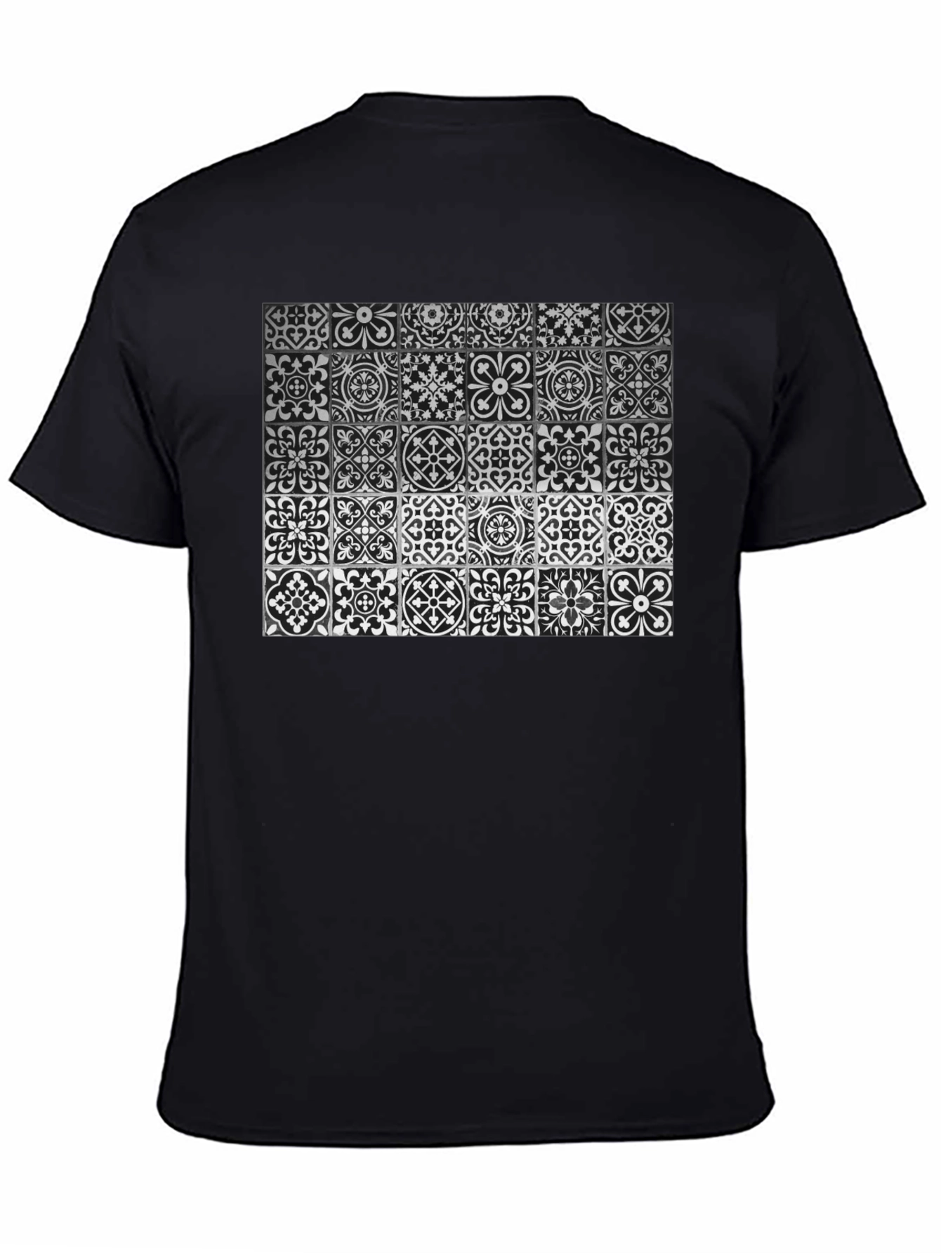 Black Patterned Tile Print Black T-Shirt view 4
