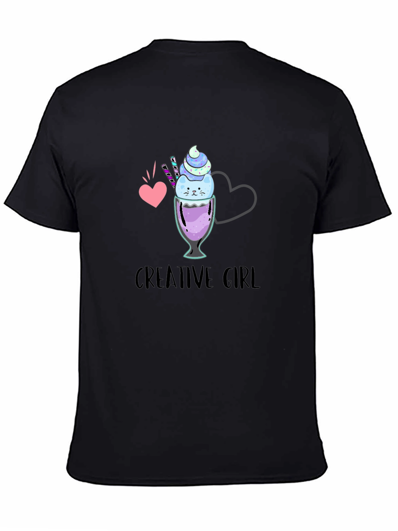 Black Creative Girl Ice Cream Cat Graphic Black T-Shirt view 4