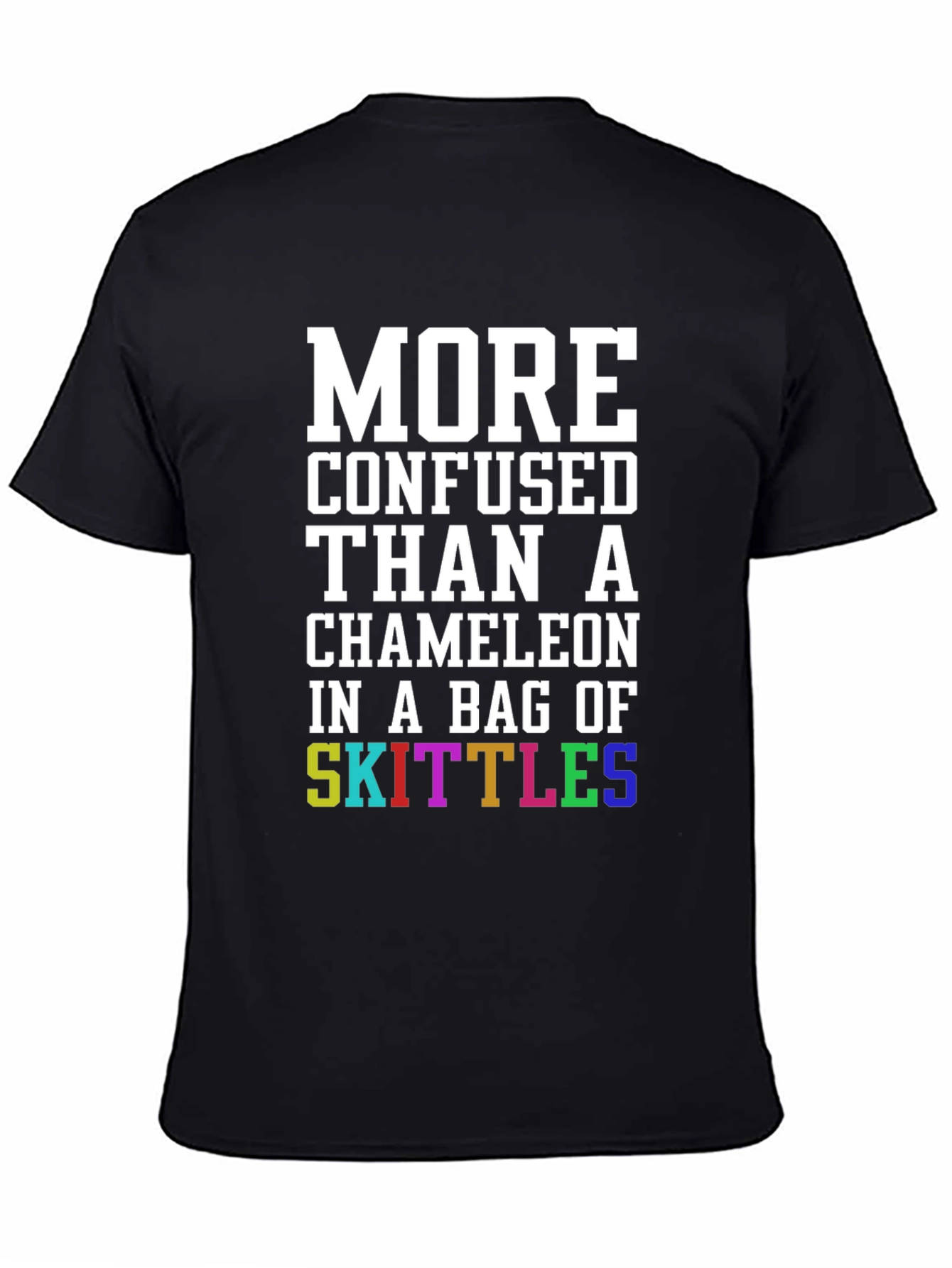 Black Confused Chameleon Skittles T-Shirt - Funny Novelty Tee view 4
