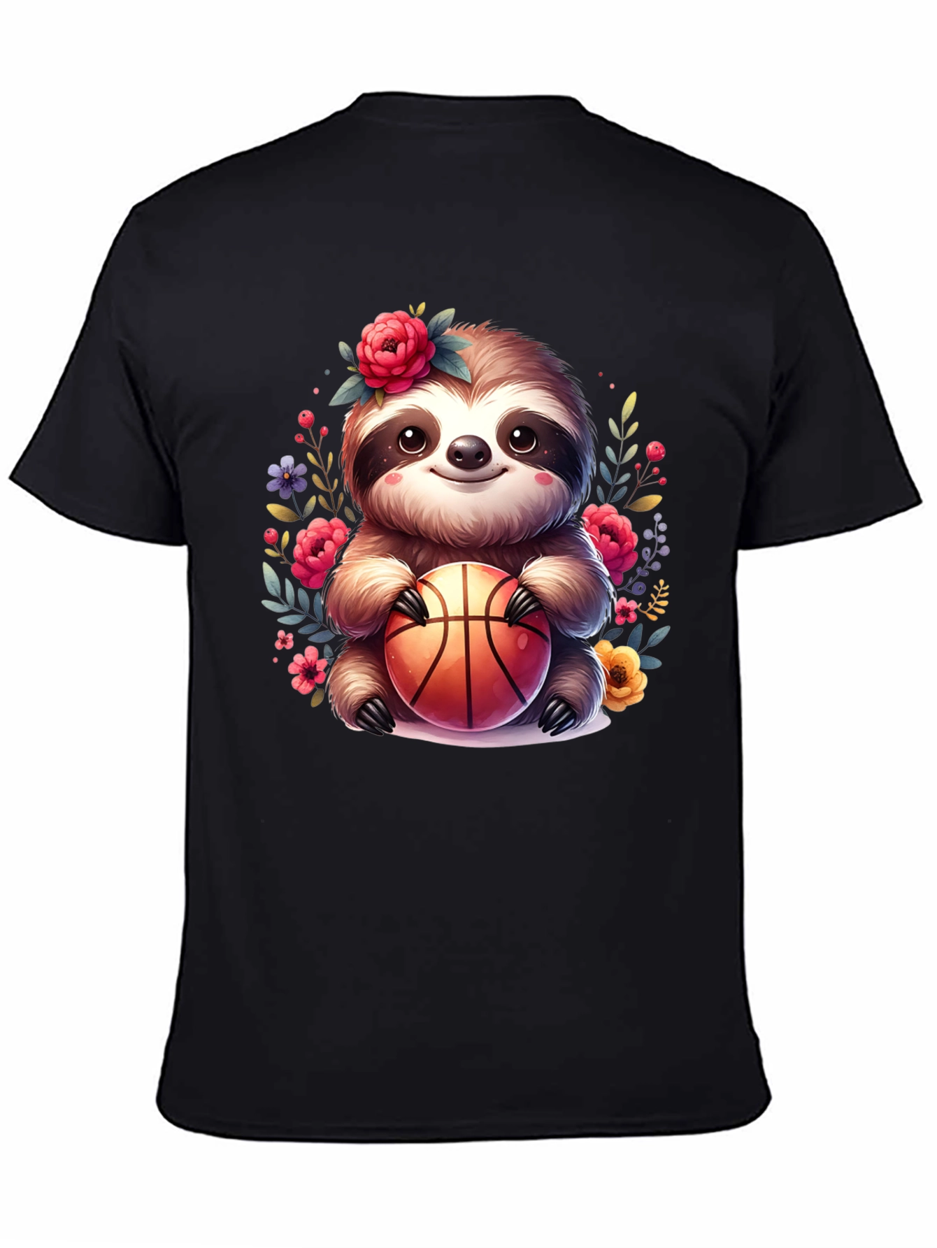 Black Sloth Basketball T-Shirt - Floral Cute Design view 4