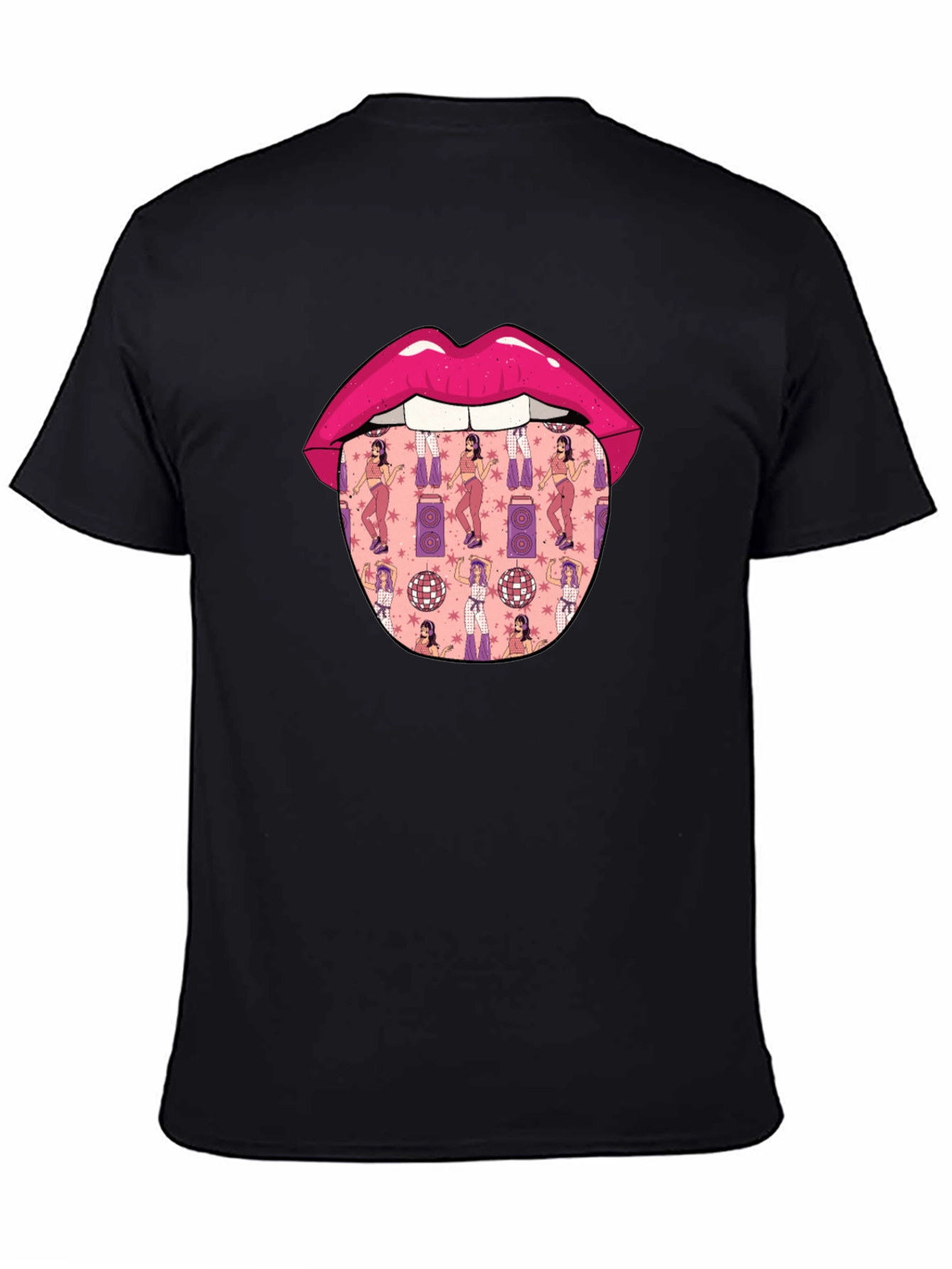 Black Novelty Lips Tongue Disco Pattern T-Shirt view 4