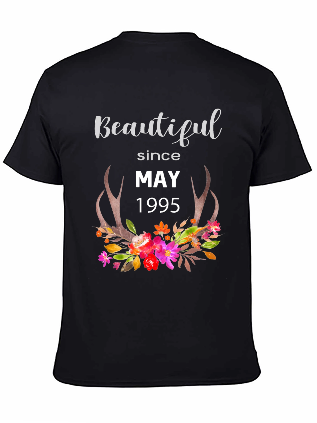 Black Beautiful Since May 1995 T-Shirt, Floral Deer Antlers view 4