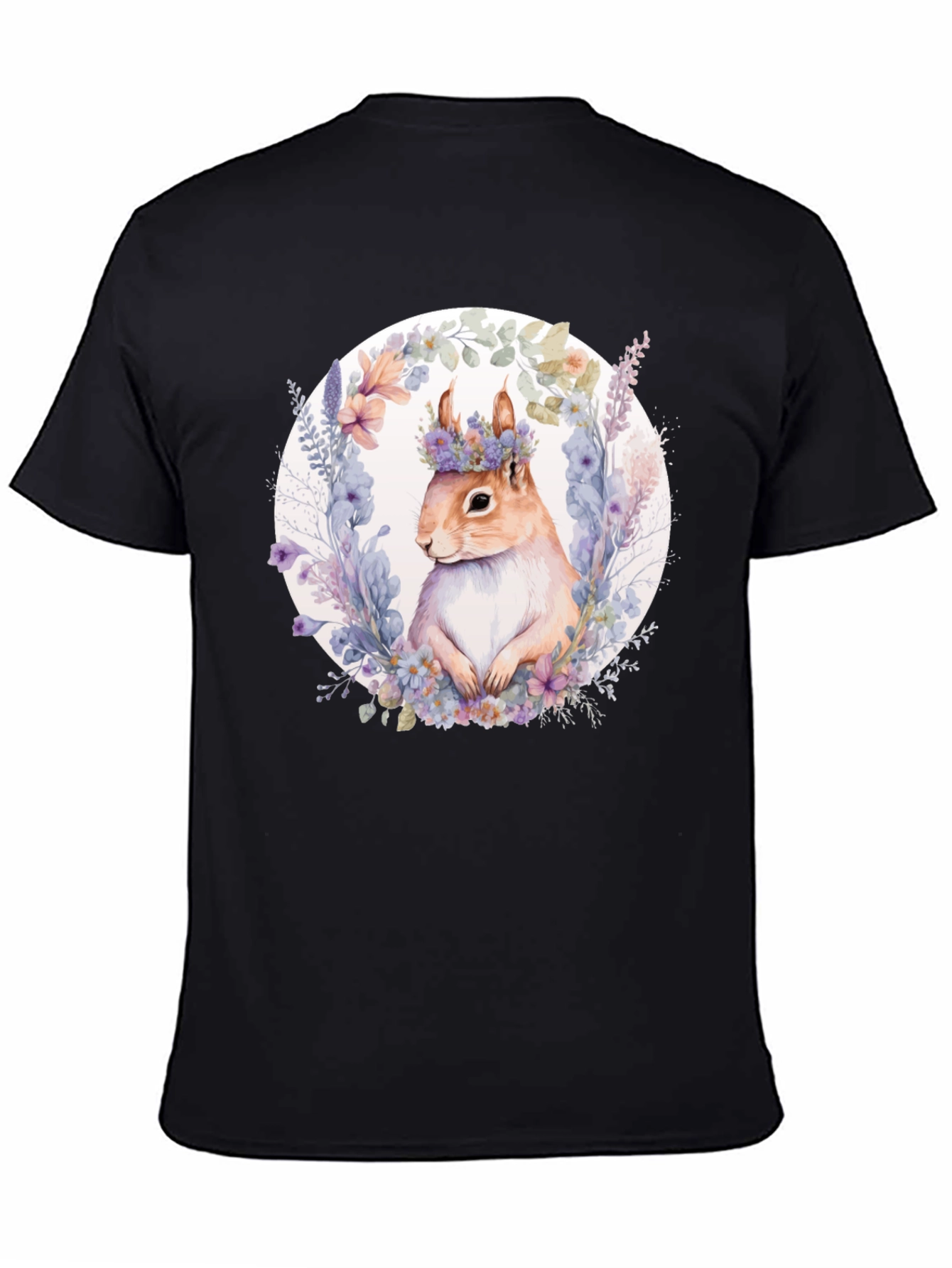 Black Squirrel Floral Wreath Black T-Shirt view 4