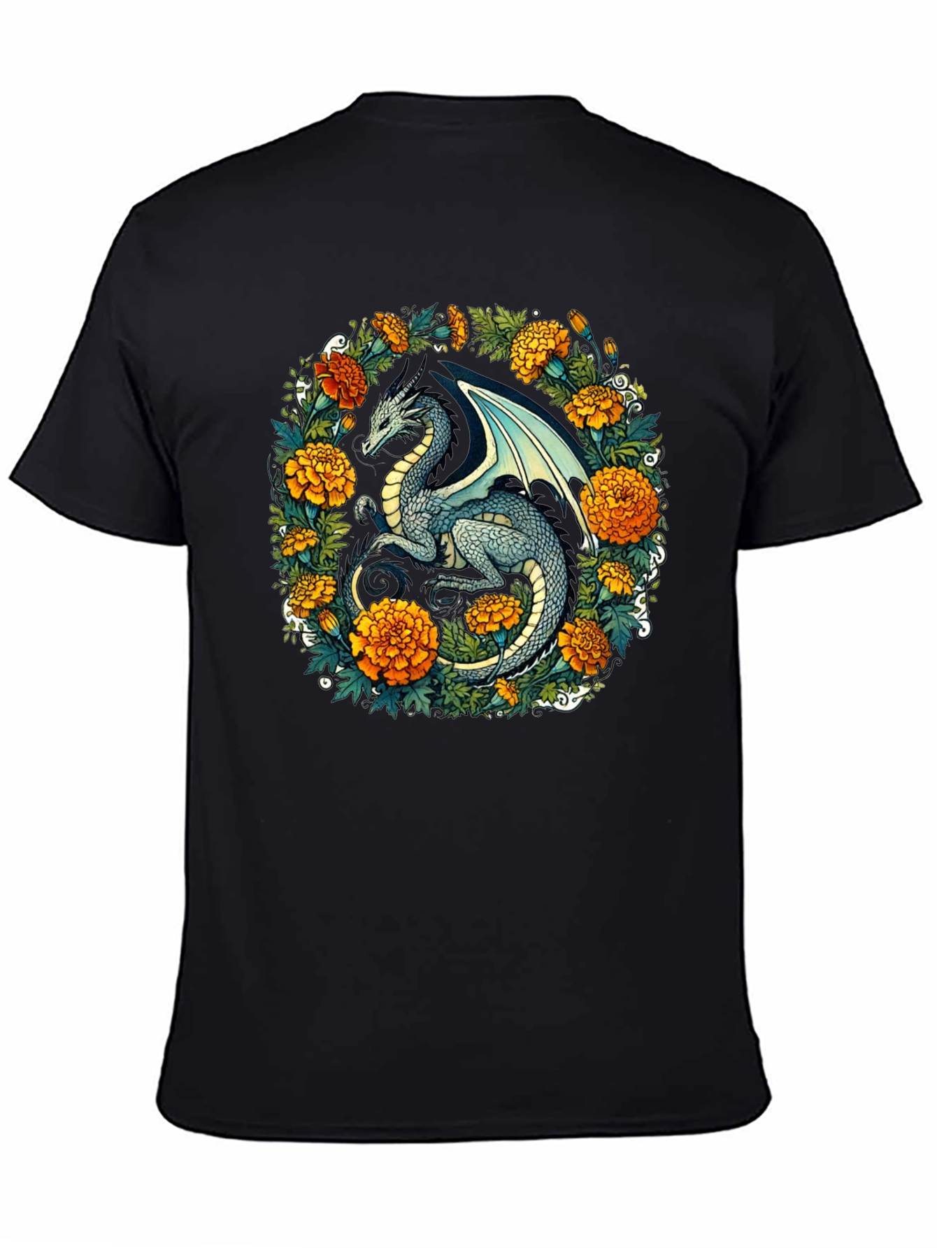 Black Dragon Floral T-Shirt - Fantasy Creature Graphic Tee view 4