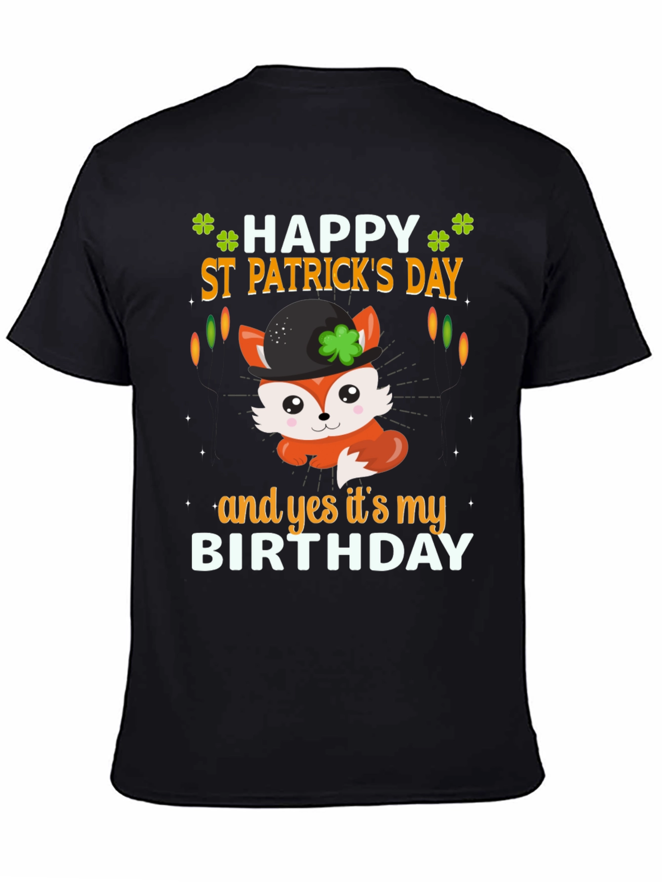 Black St. Patrick's Day Birthday Fox T-Shirt view 4