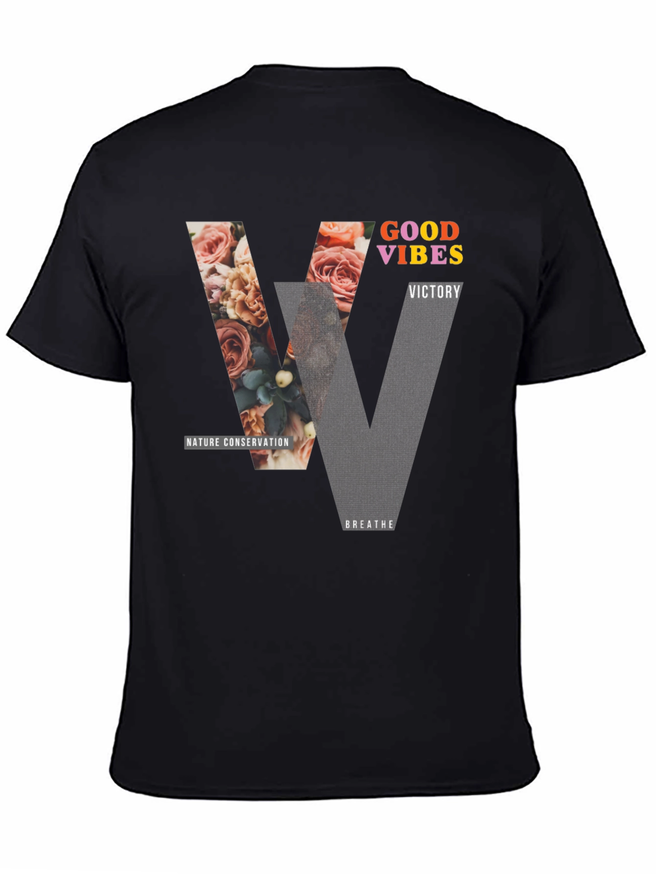 Black Good Vibes Graphic Tee - Nature Conservation Design view 4