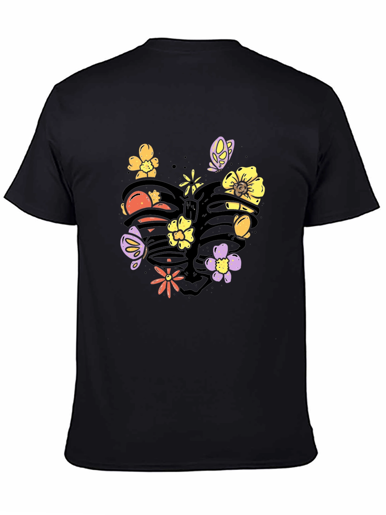 Black Floral Rib Cage Graphic Tee - Black Cotton T-Shirt view 4