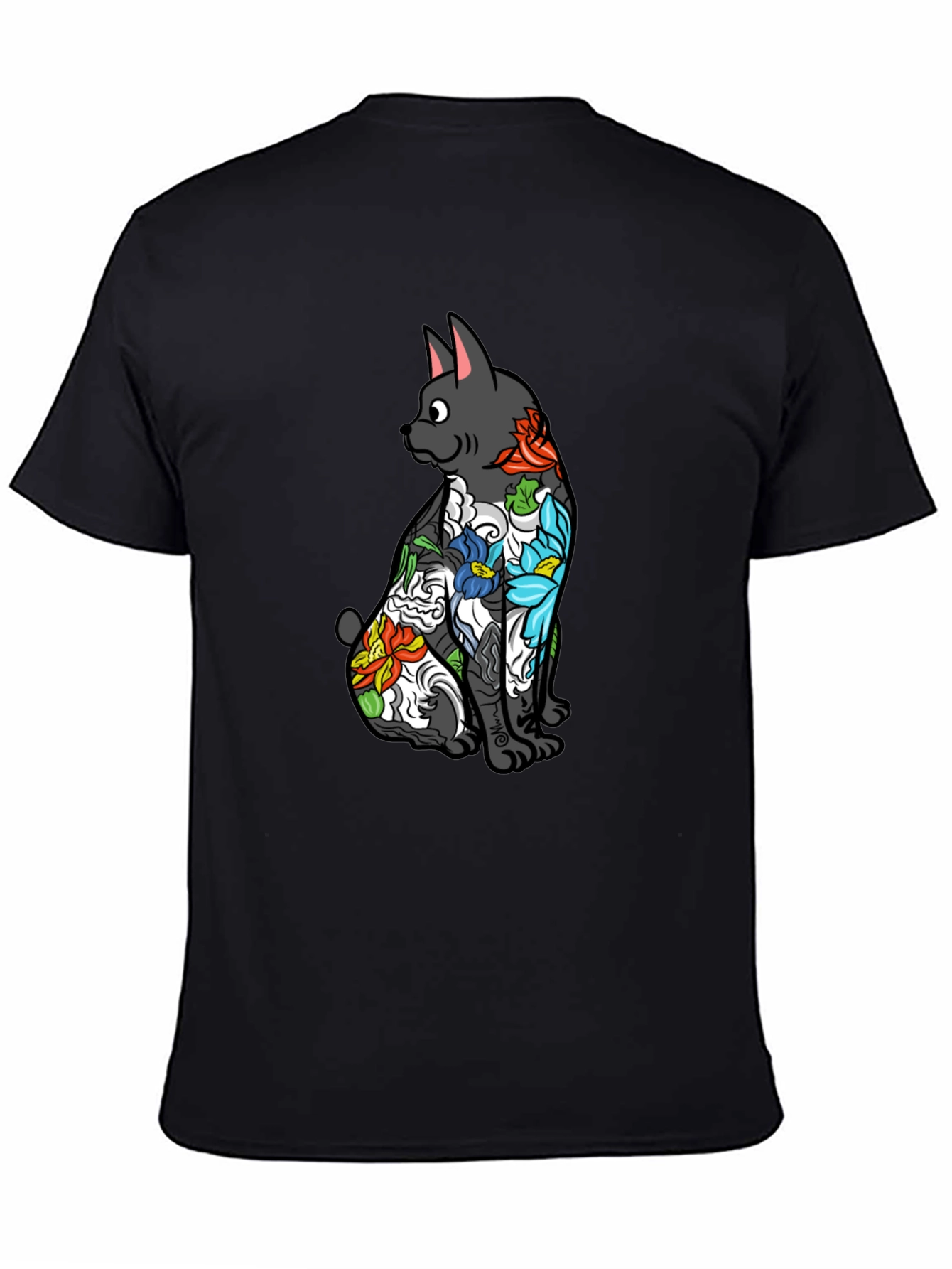 Black Floral Tattoo Cat Graphic Tee - Black Unisex Shirt view 4