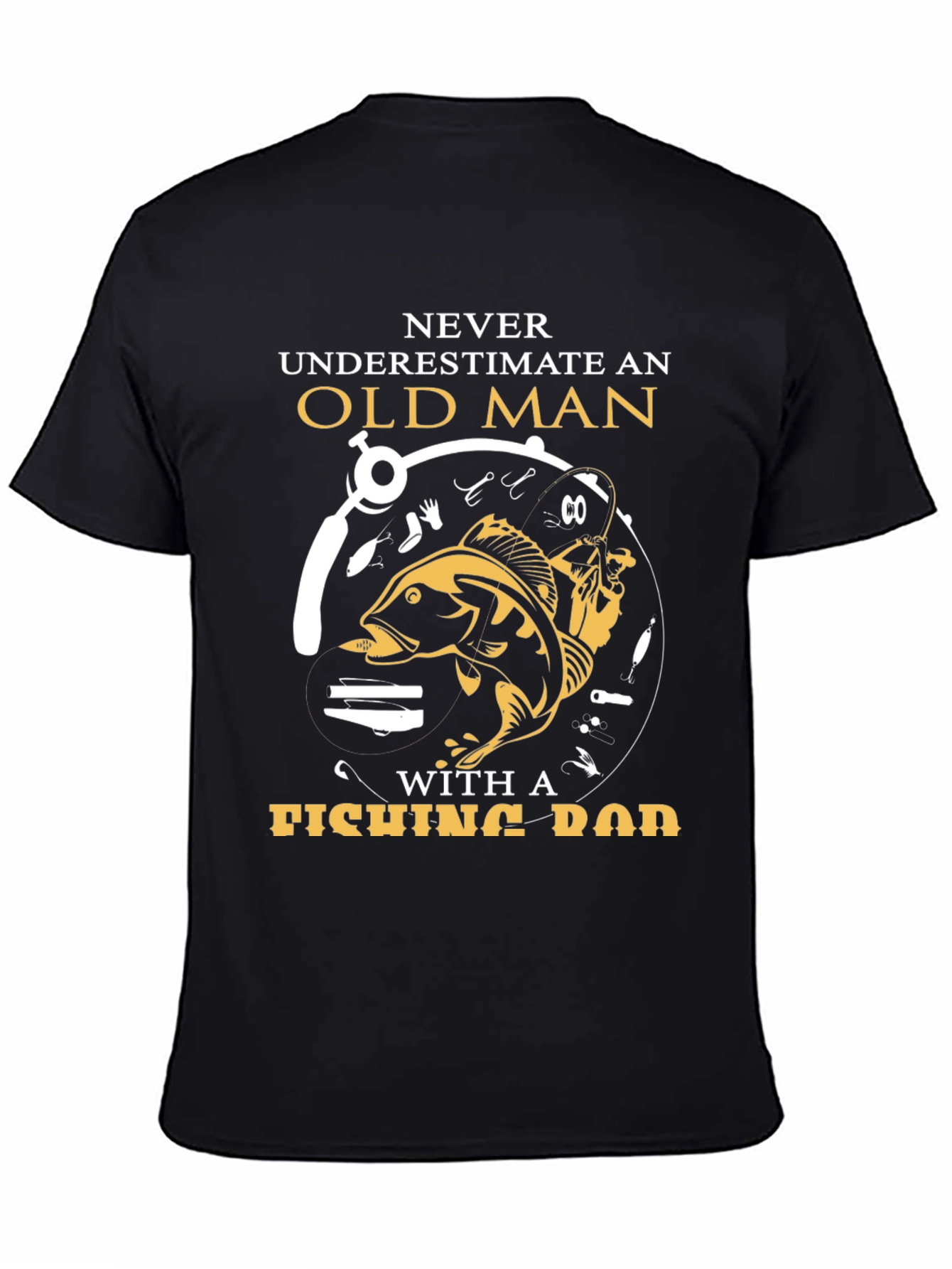 Black Never Underestimate Old Man Fishing Rod T-Shirt view 4