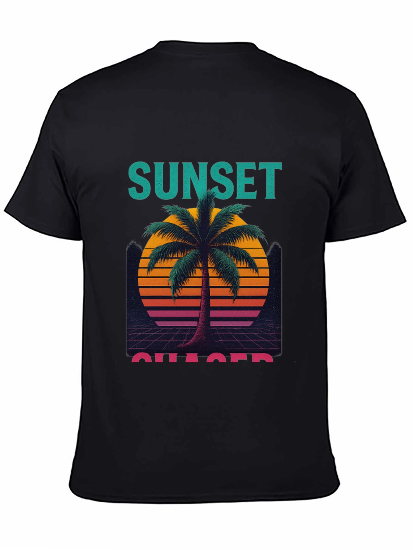 Black Sunset Chaser Graphic T-Shirt - Retro Palm Tree Design view 4