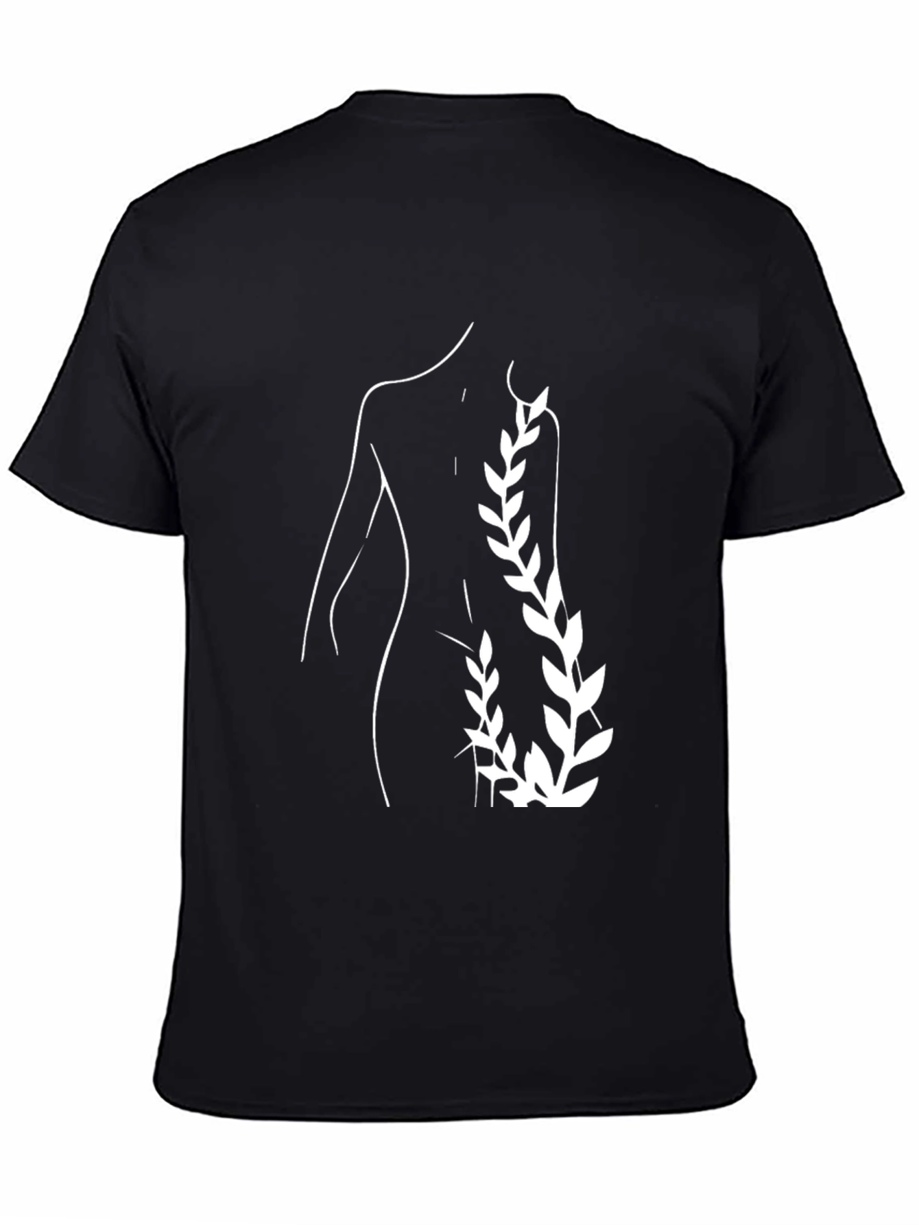 Black Minimalist Silhouette & Leaf Design Black T-Shirt view 4