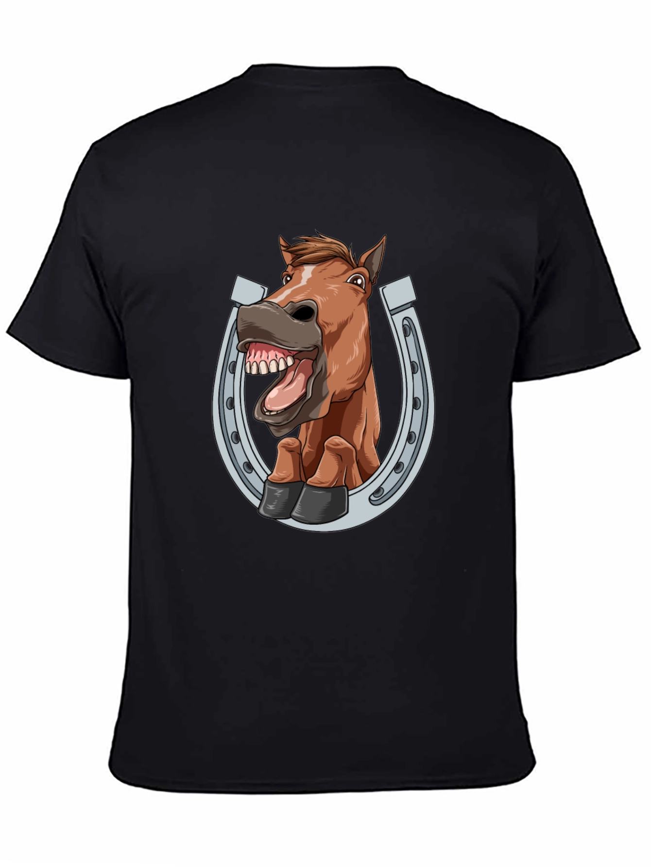 Black Funny Horse in Horseshoe Graphic Tee - Black T-Shirt view 4