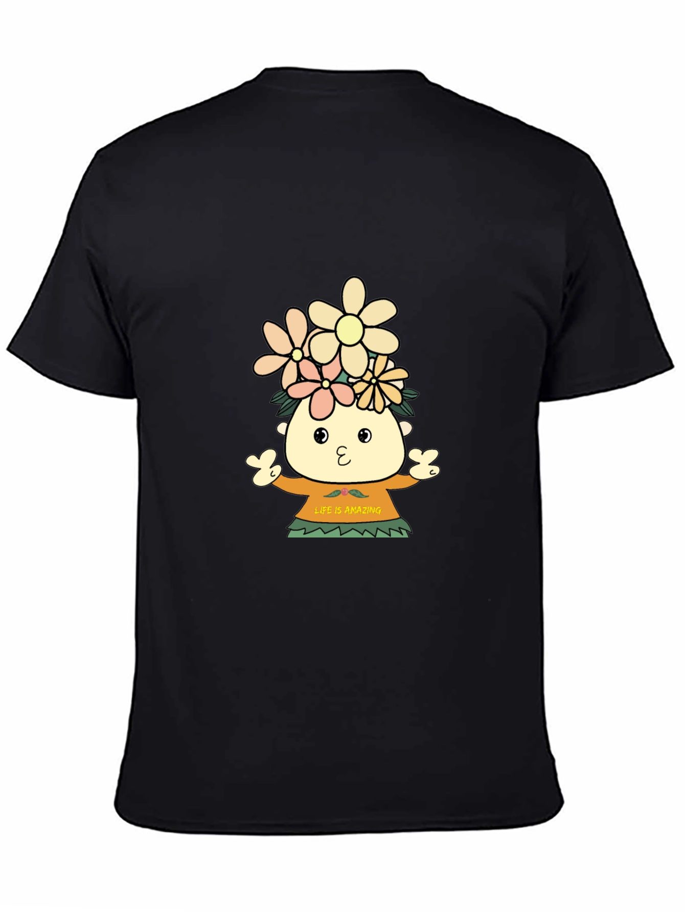 Black Black T-Shirt with Cartoon Flower Child Design view 4