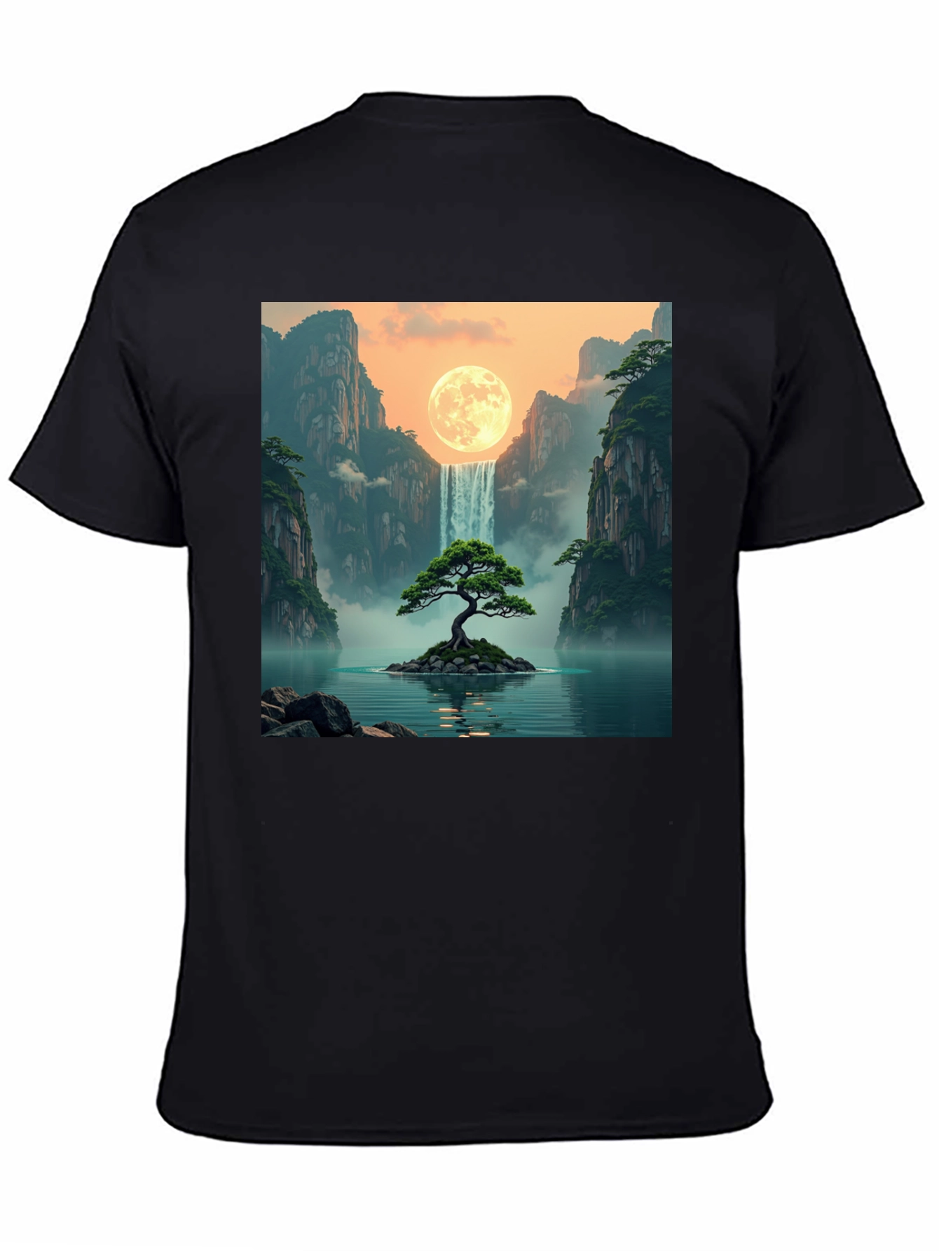 Black Waterfall Moon Bonsai Tree Graphic T-Shirt view 4