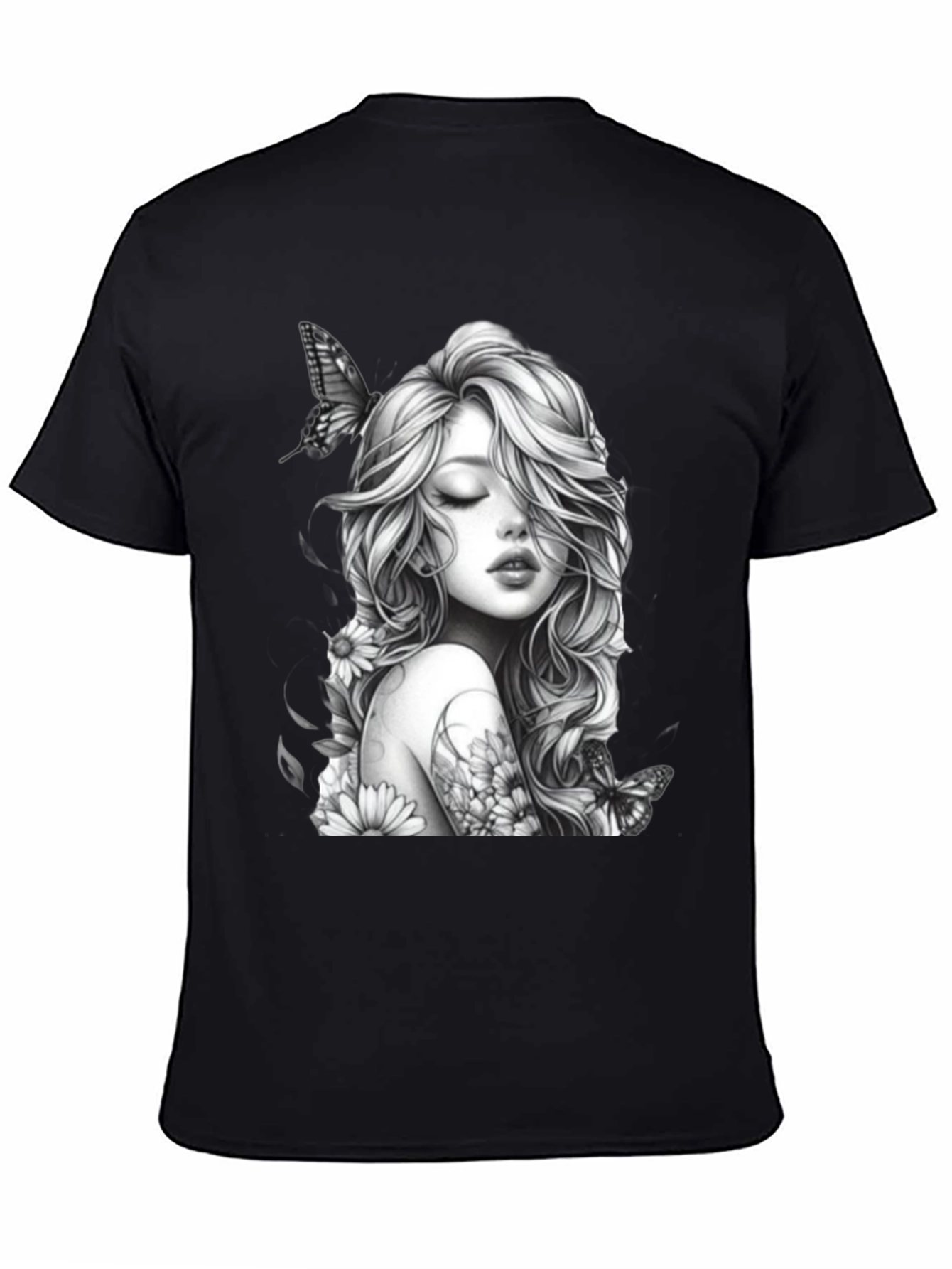 Black Black T-Shirt with Woman and Butterfly Design view 4
