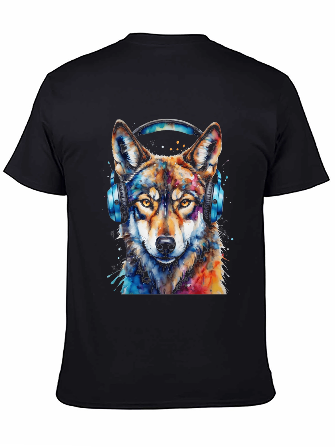 Black Wolf Headphone Graphic Black T-Shirt view 4
