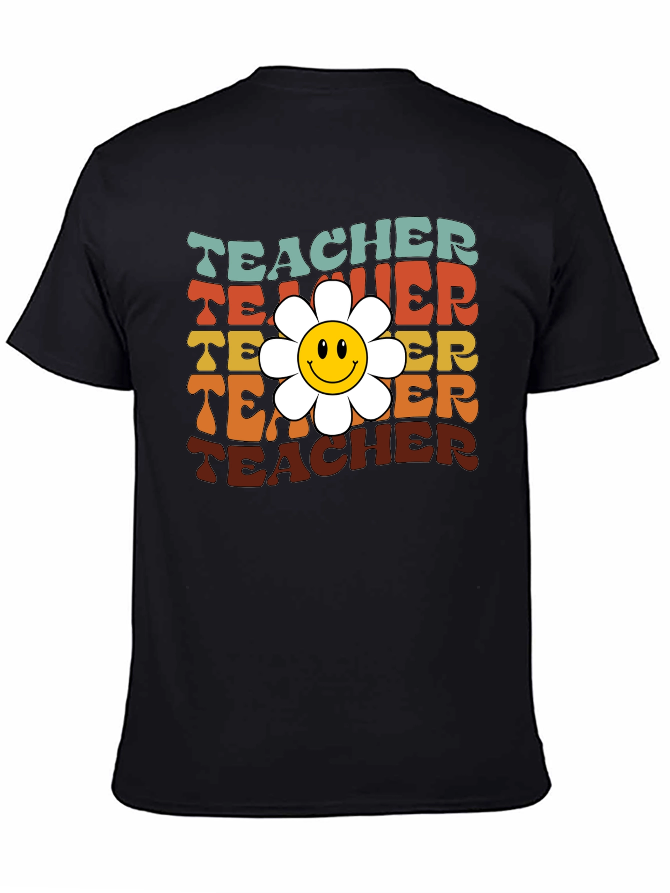 Black Retro Teacher Smiley Flower T-Shirt view 4