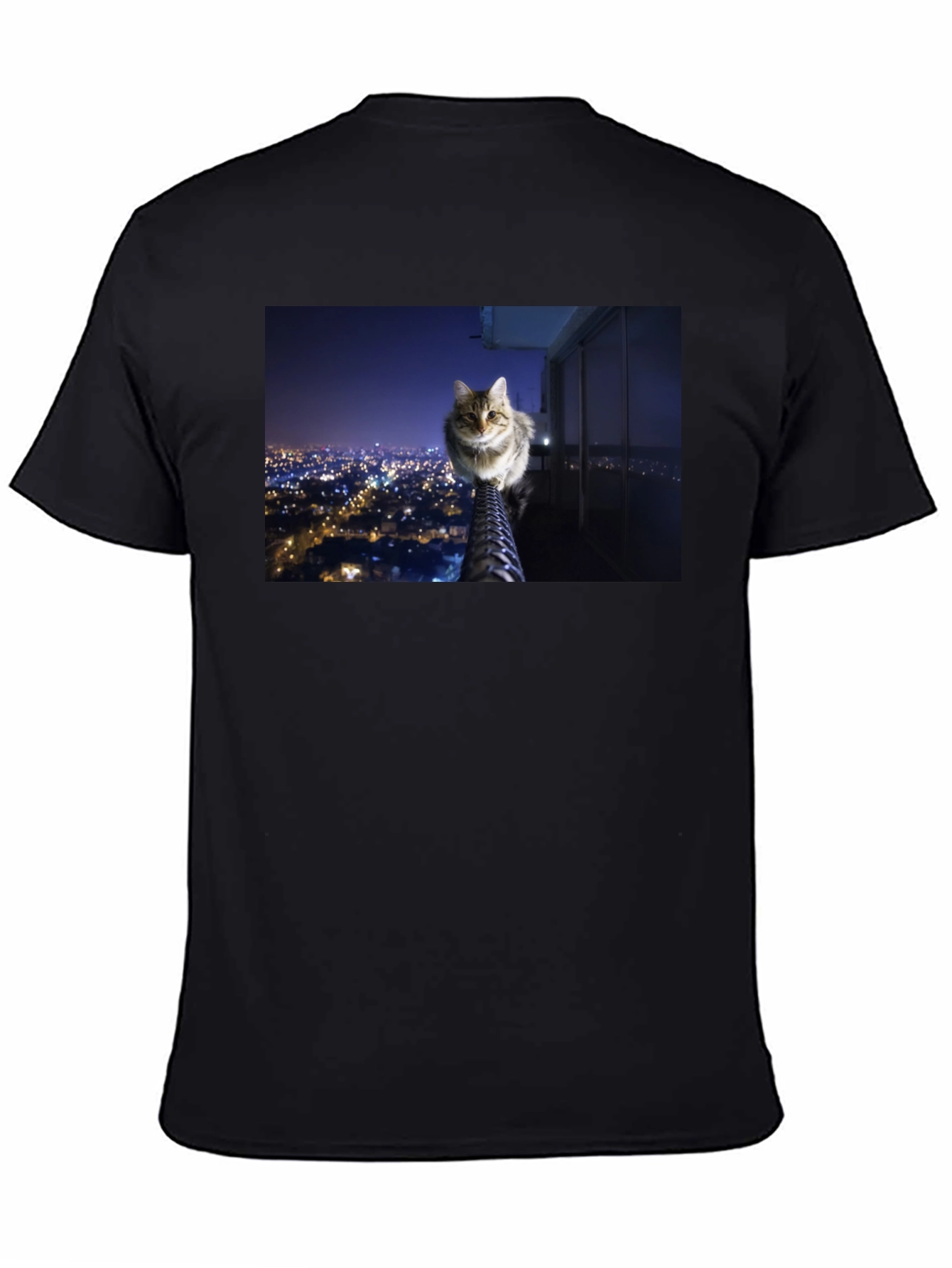 Black Cat on City View T-Shirt view 4