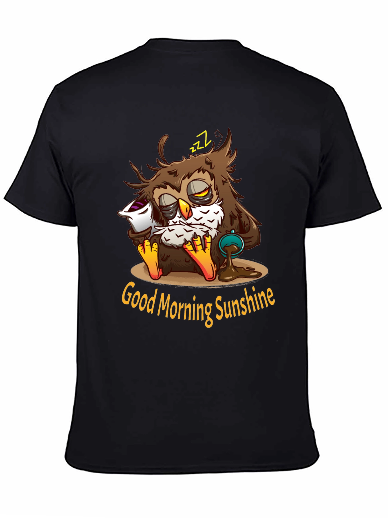 Black Funny Sleepy Owl Coffee T-Shirt - Good Morning Sunshine view 4